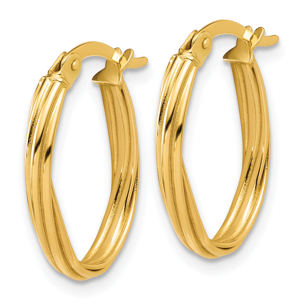 14K Polished and Grooved Twist Oval Hoop Earrings