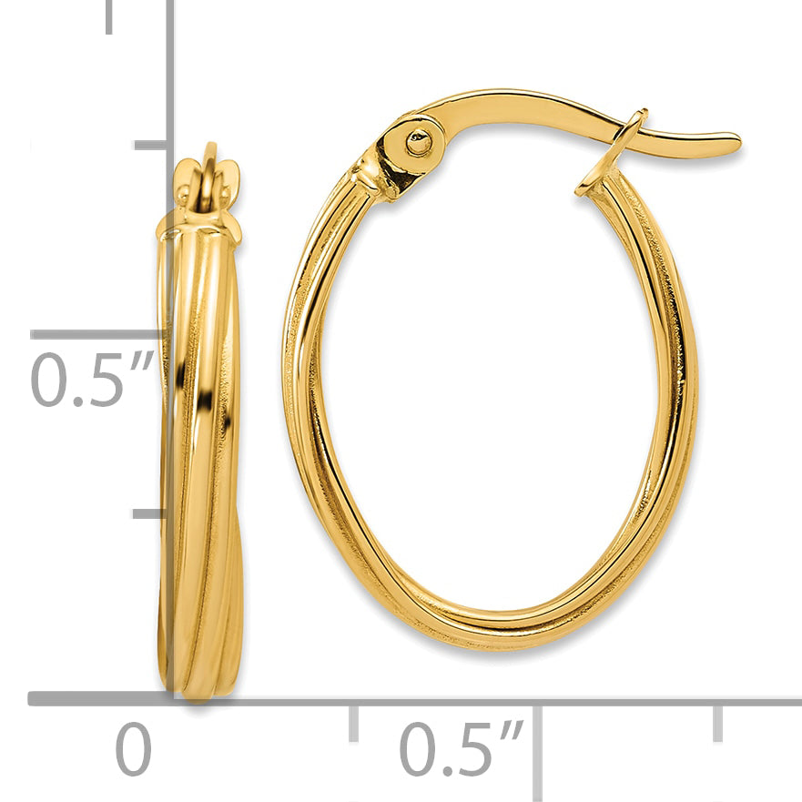 14K Polished and Grooved Twist Oval Hoop Earrings