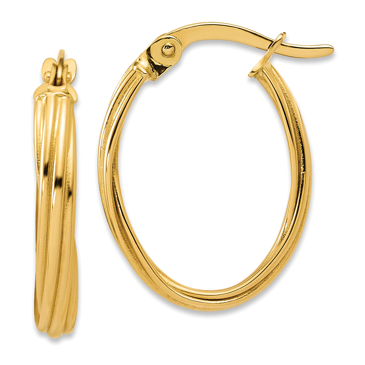 14K Polished and Grooved Twist Oval Hoop Earrings