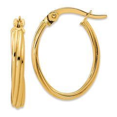 14K Polished and Grooved Twist Oval Hoop Earrings