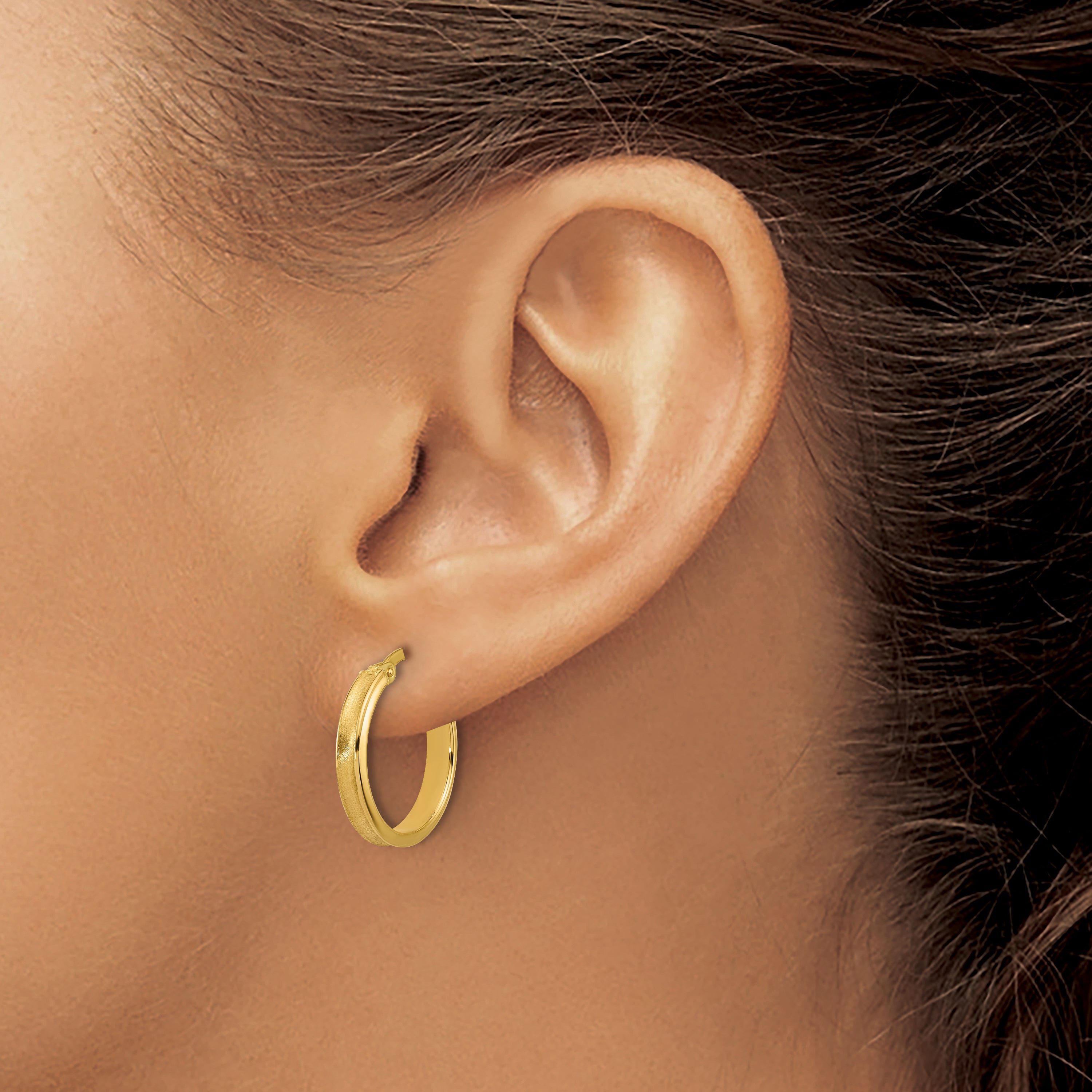 14K Polished and Satin Round Hoop Earrings