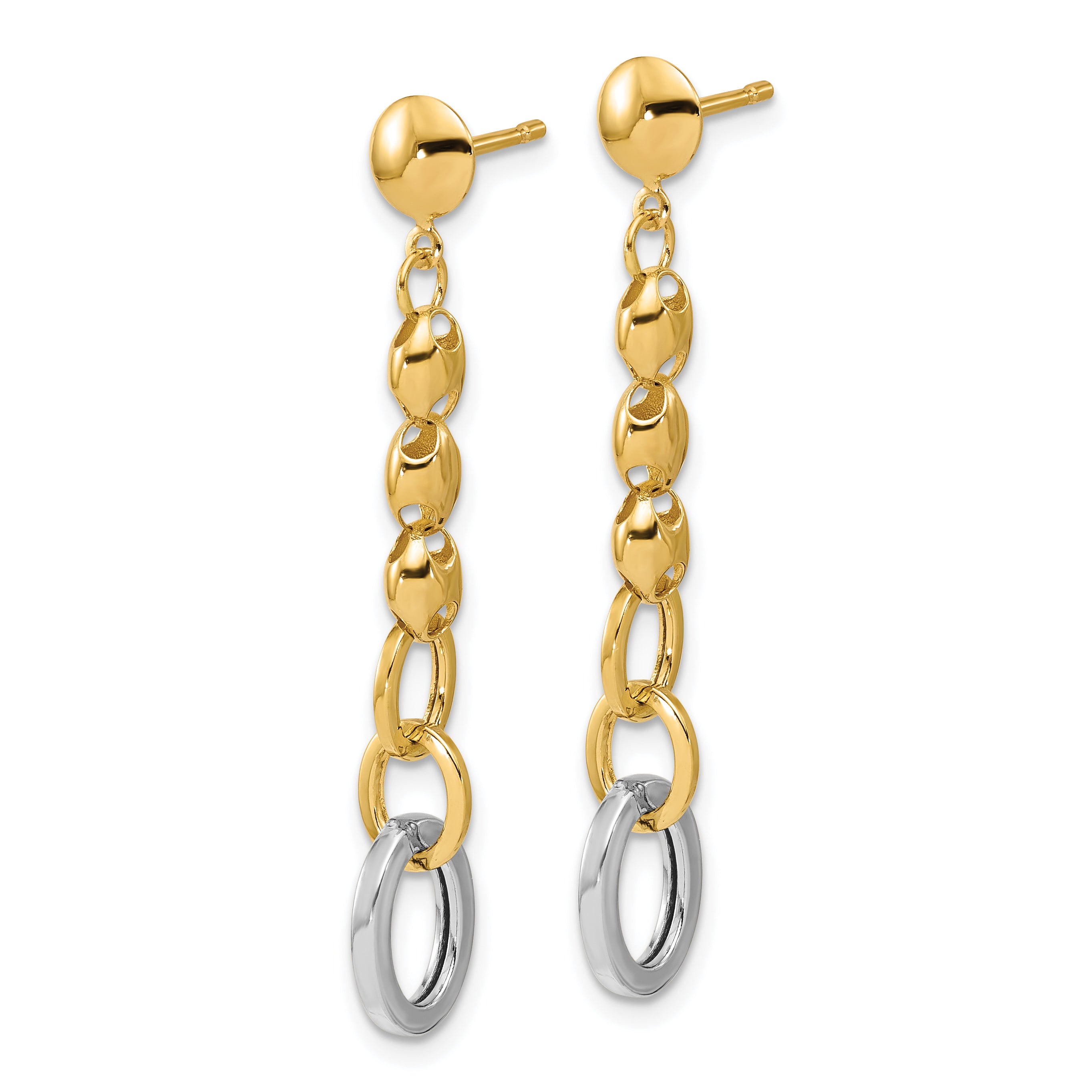 14K w/Wht RH Polished Fancy Oval Link Post Dangle Earrings