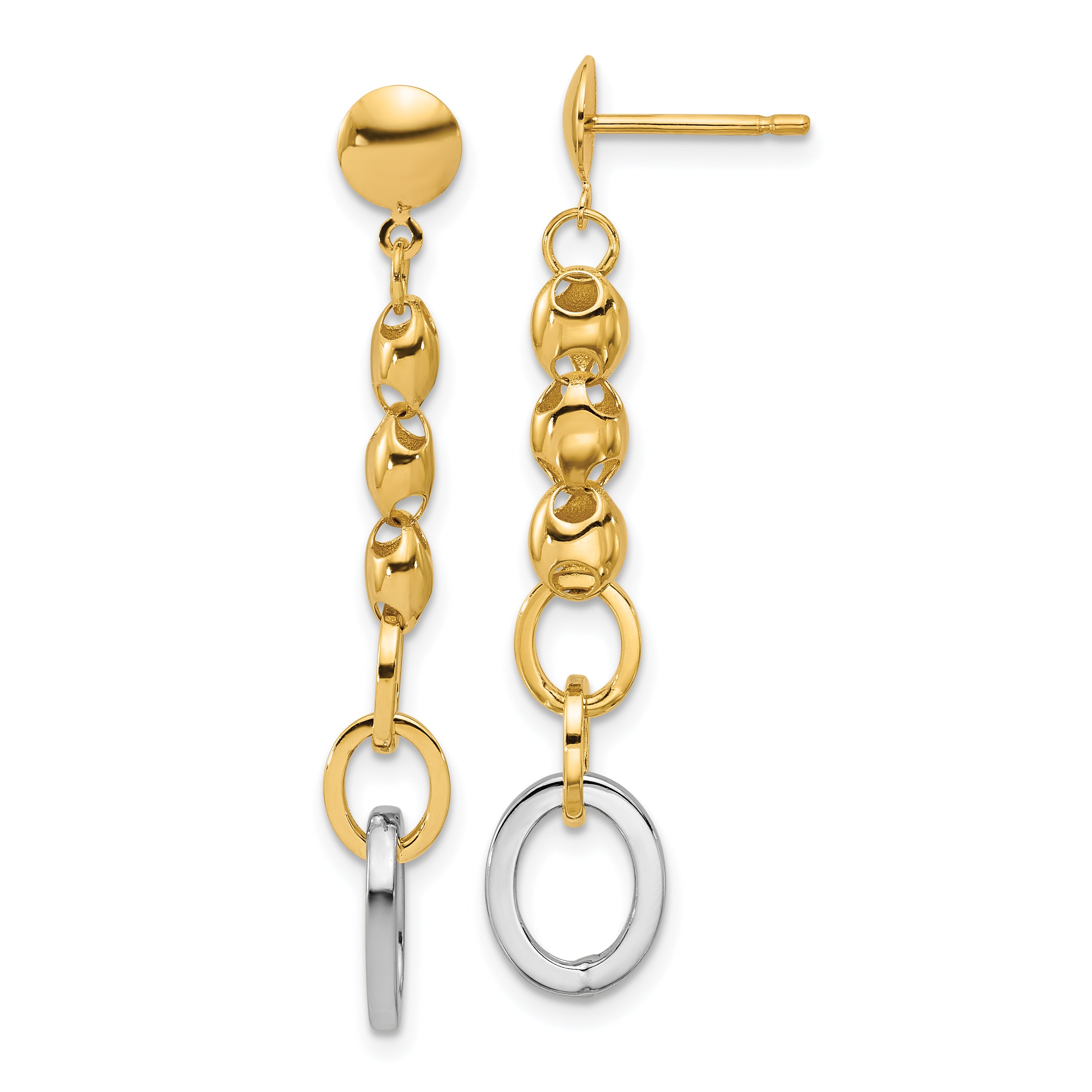 14K w/Wht RH Polished Fancy Oval Link Post Dangle Earrings