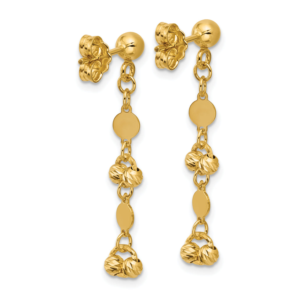 14K Polished D/C Beaded Fancy Circles Post Dangle Earrings