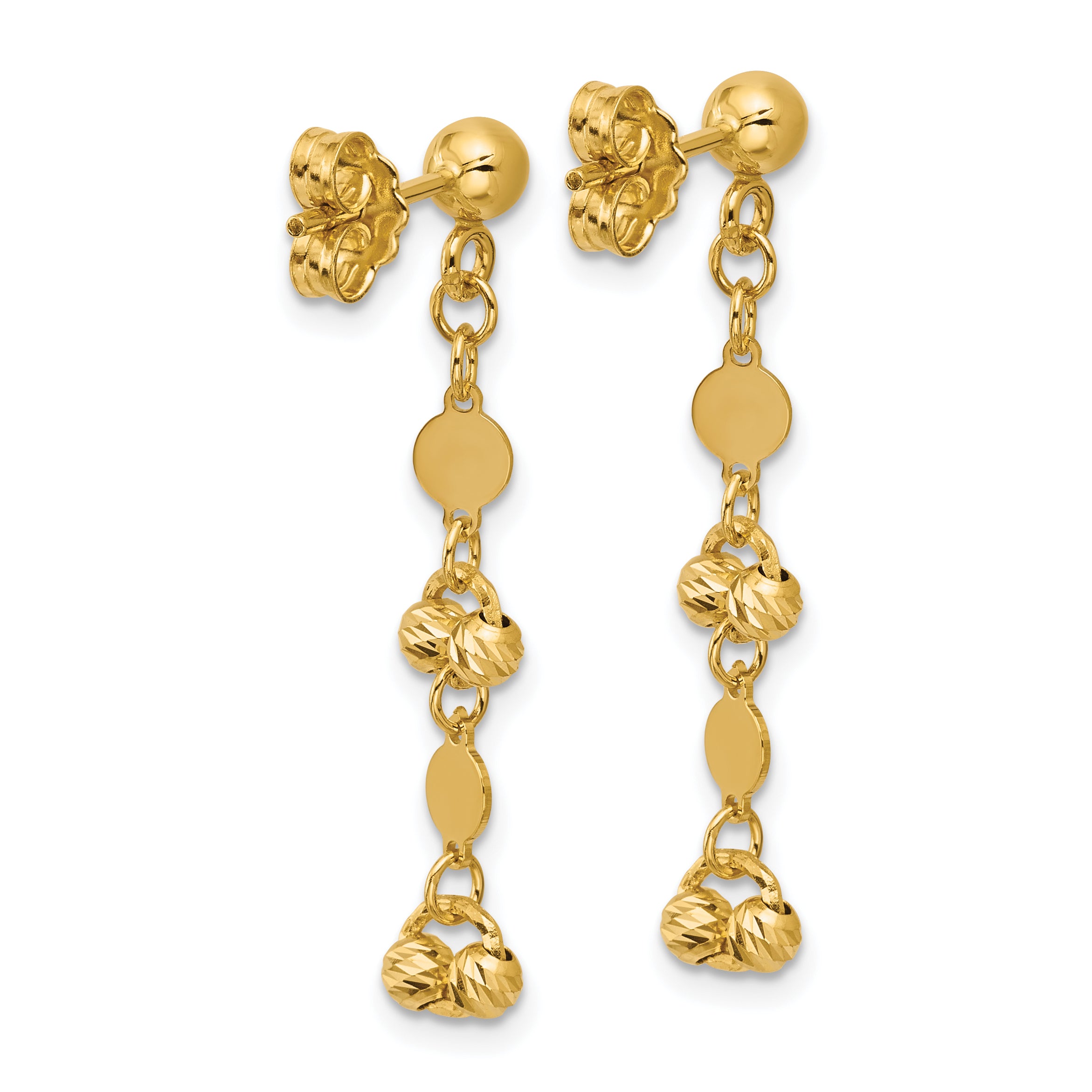 14K Polished D/C Beaded Fancy Circles Post Dangle Earrings
