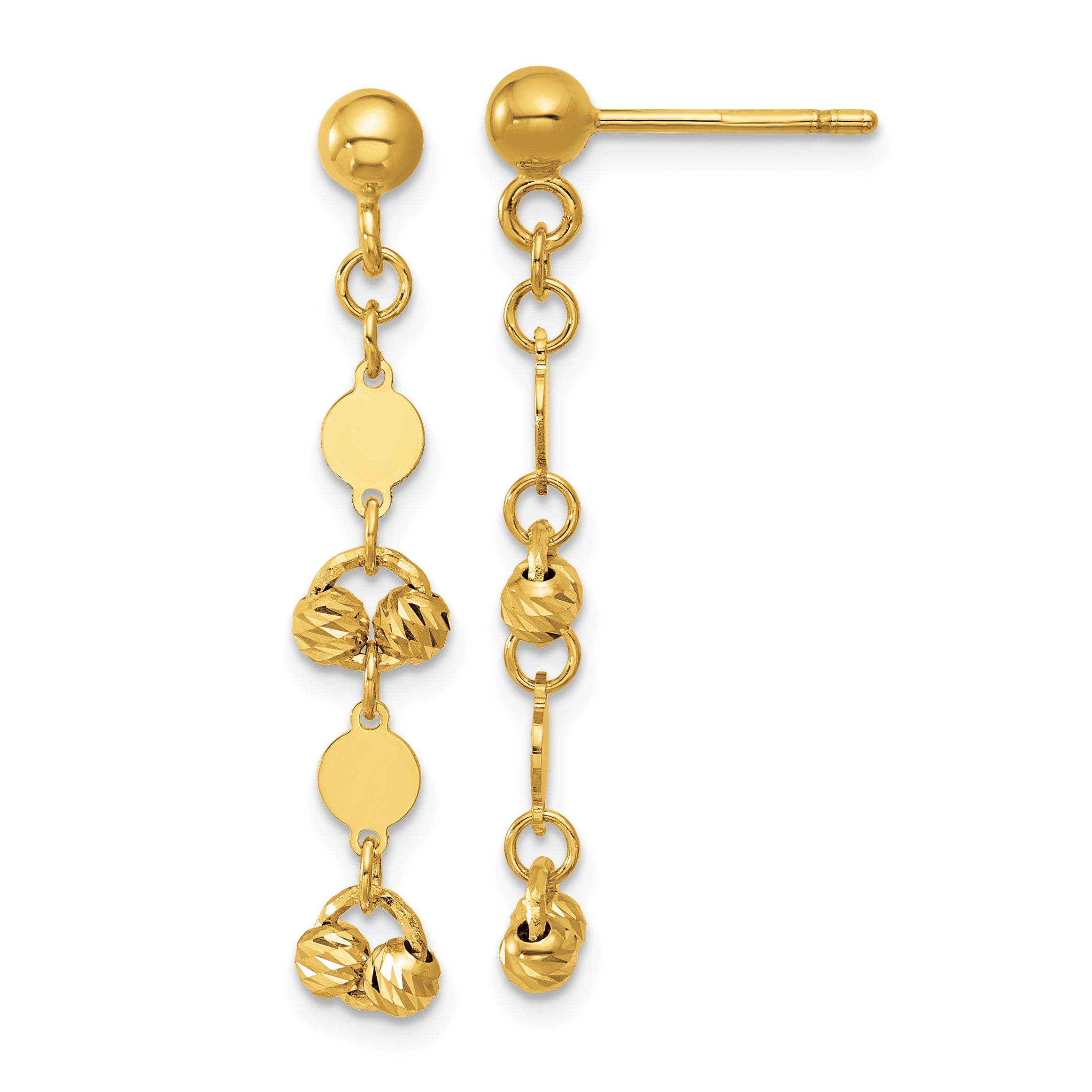 14K Polished D/C Beaded Fancy Circles Post Dangle Earrings