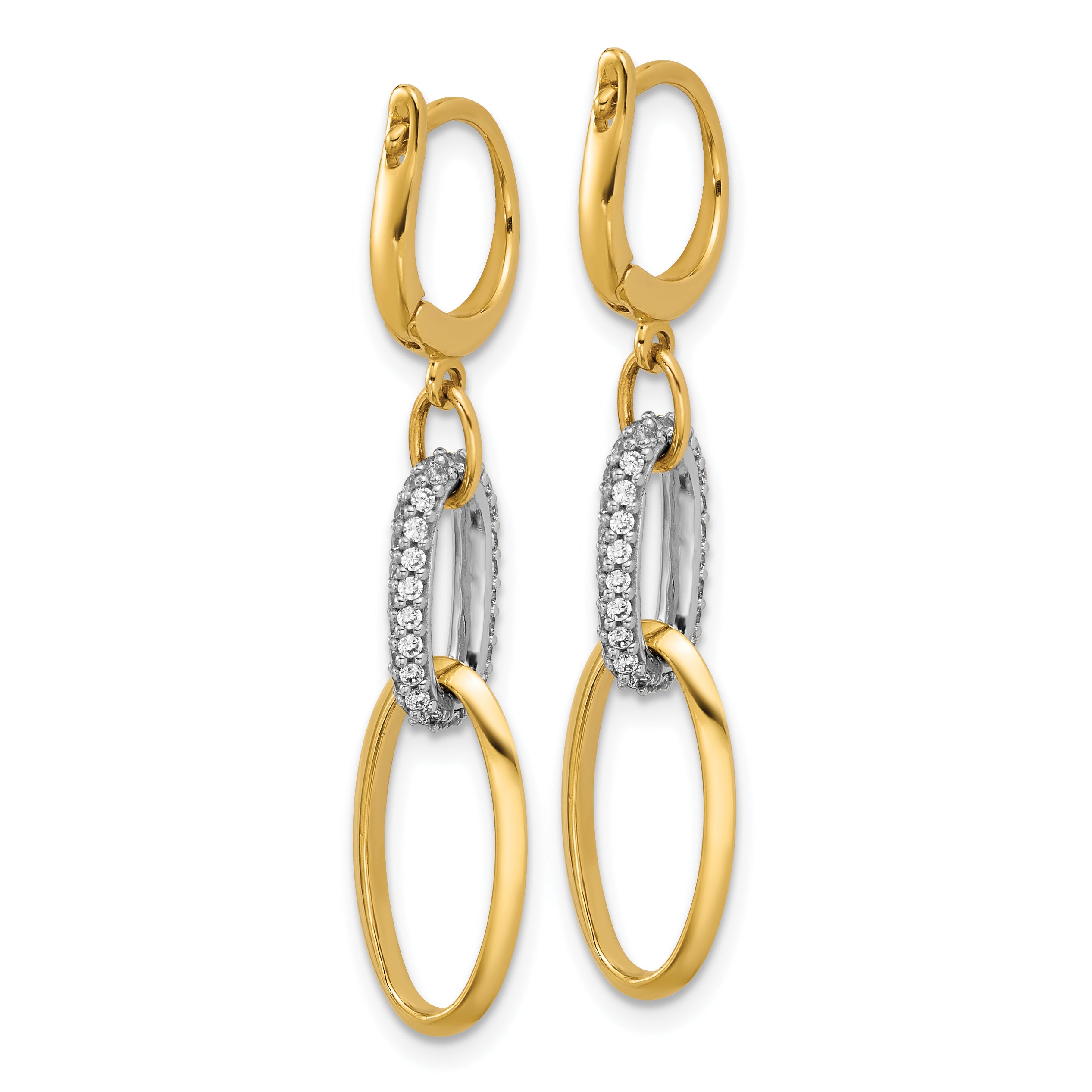 14K Two-tone Polished CZ Ovals Leverback Dangle Earrings