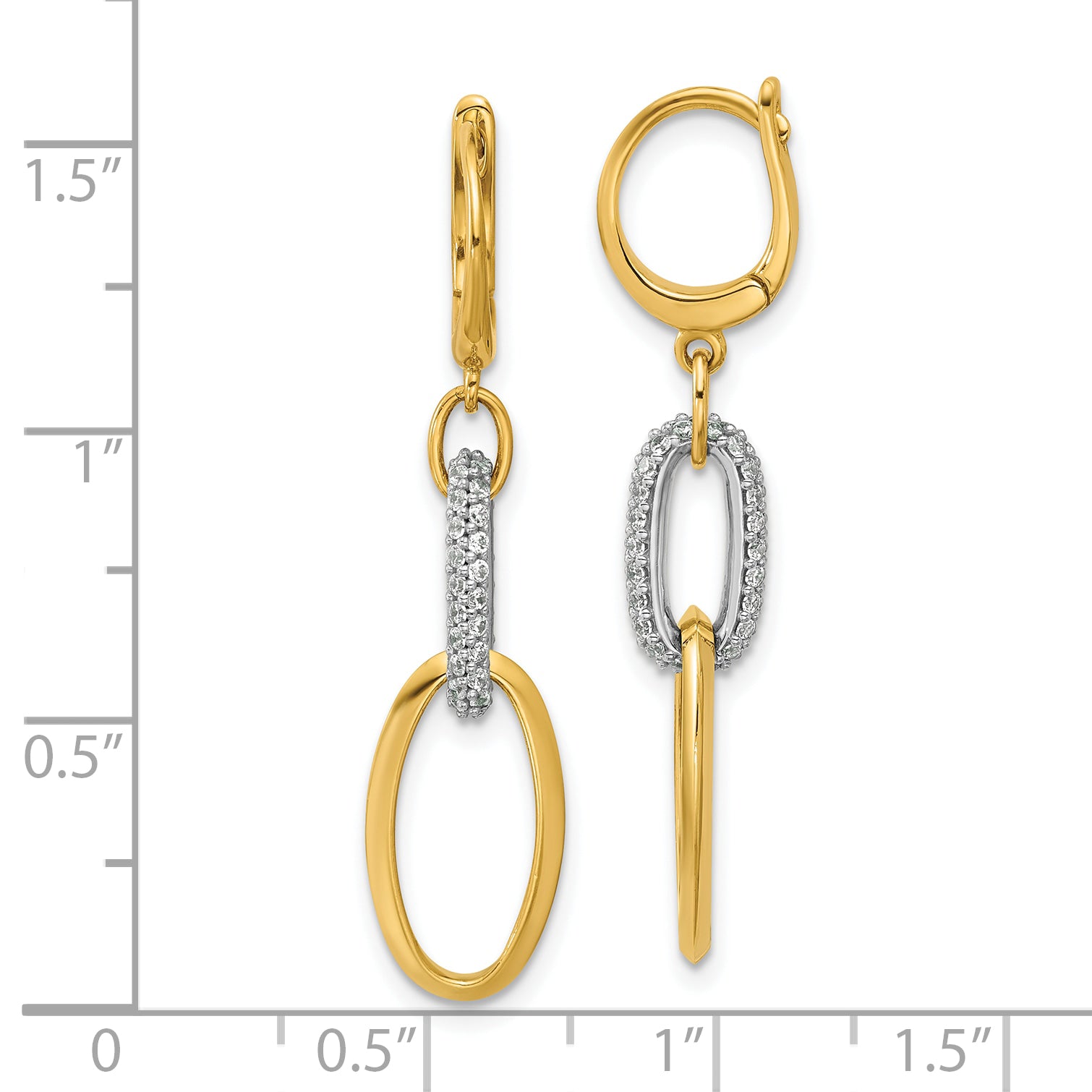 14K Two-tone Polished CZ Ovals Leverback Dangle Earrings