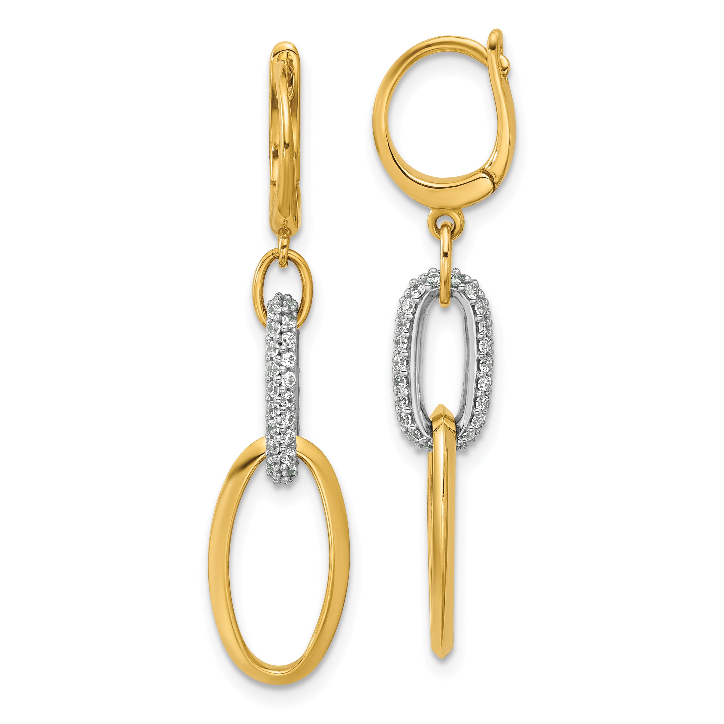14K Two-tone Polished CZ Ovals Leverback Dangle Earrings Main image