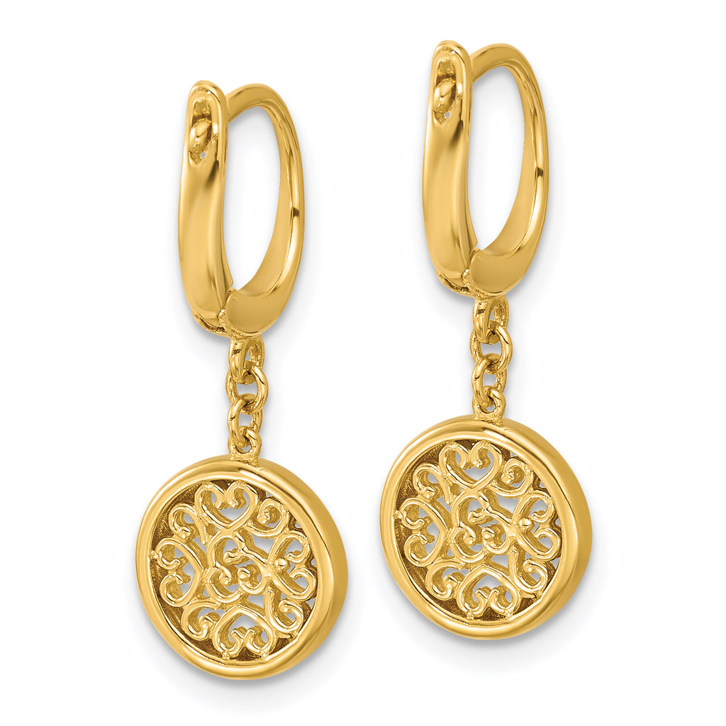 14K Polished Fancy Filigree Circle Leverback Dangle Earrings