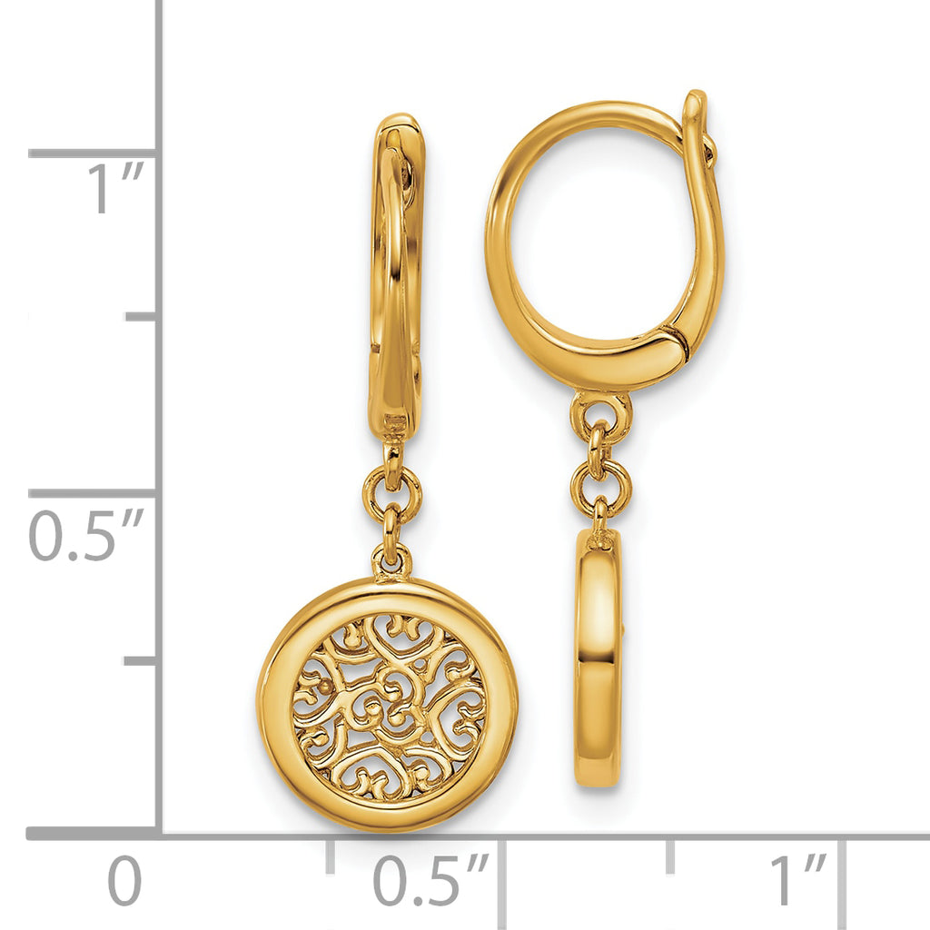 14K Polished Fancy Filigree Circle Leverback Dangle Earrings