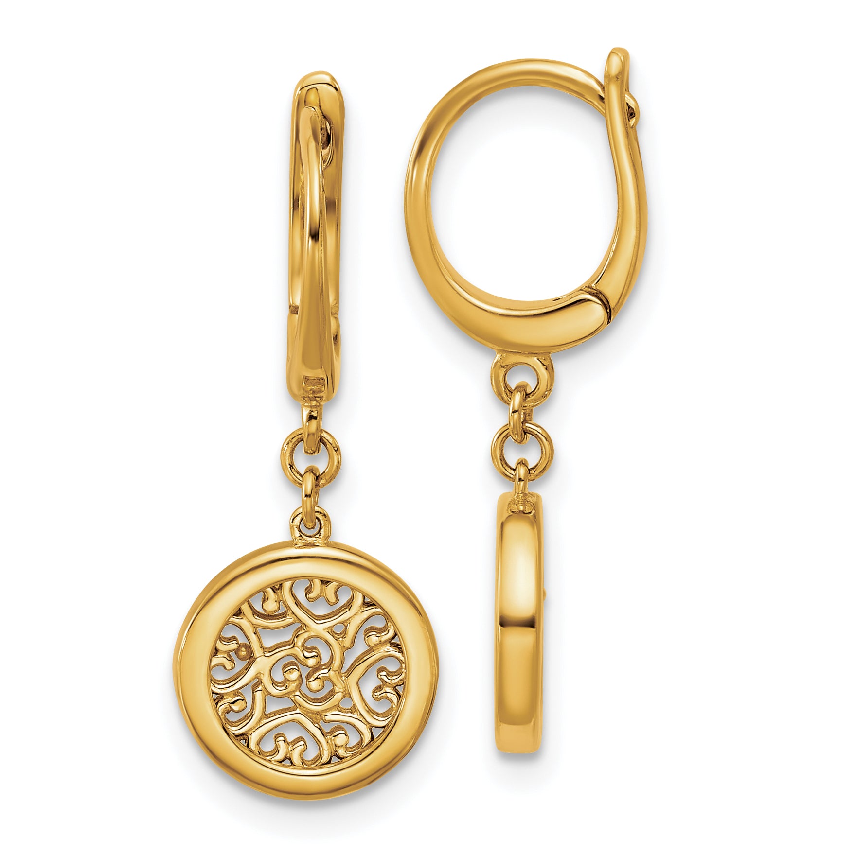 14K Polished Fancy Filigree Circle Leverback Dangle Earrings Main image