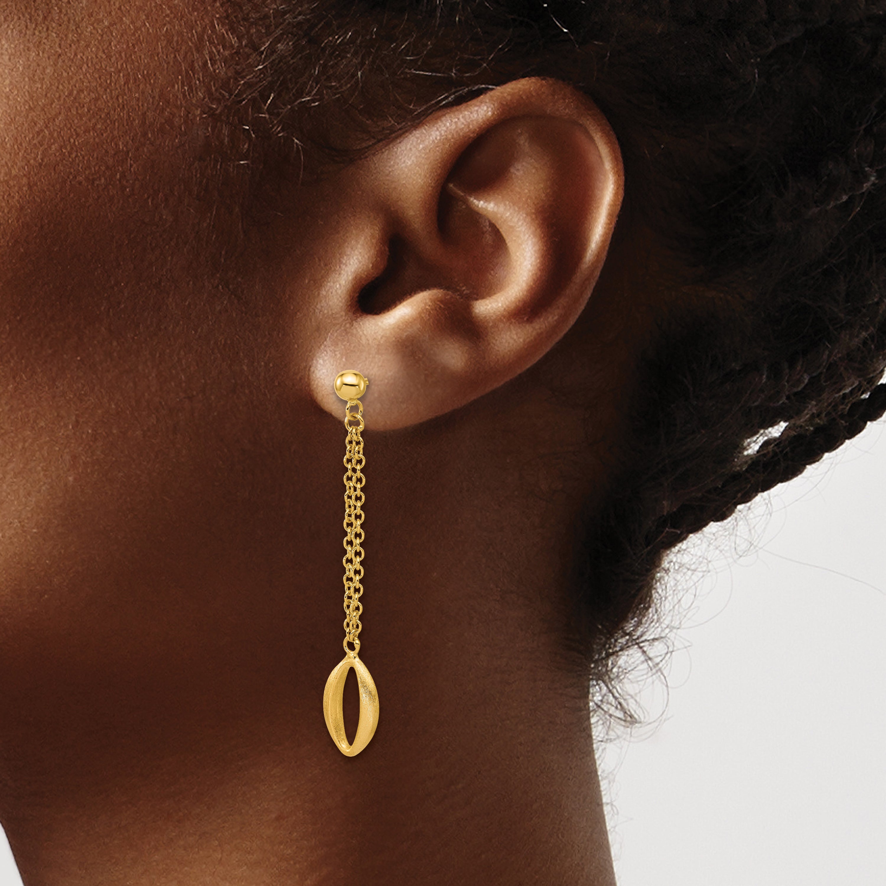14K Polished and Brushed Navette Link Post Dangle Earrings
