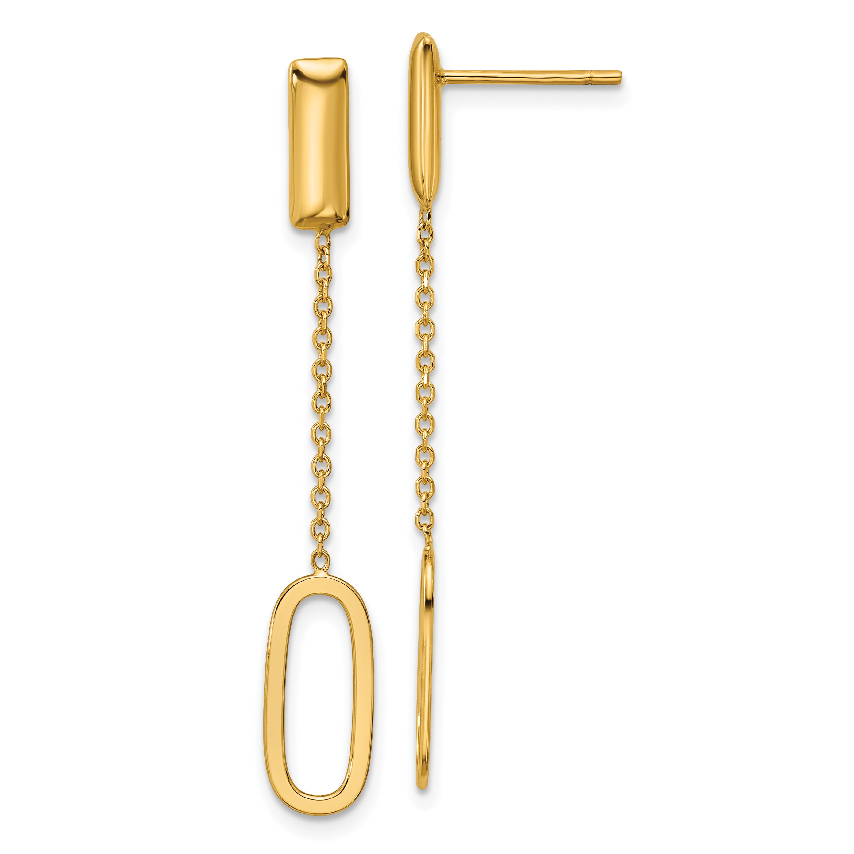 14K Polished Elongated Oval and Bar Post Dangle Earrings