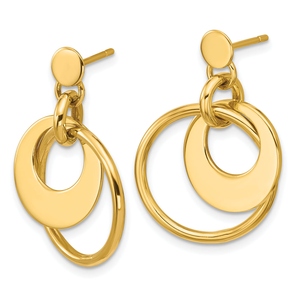 14K Polished Fancy Double Circle Post Dangle Earrings