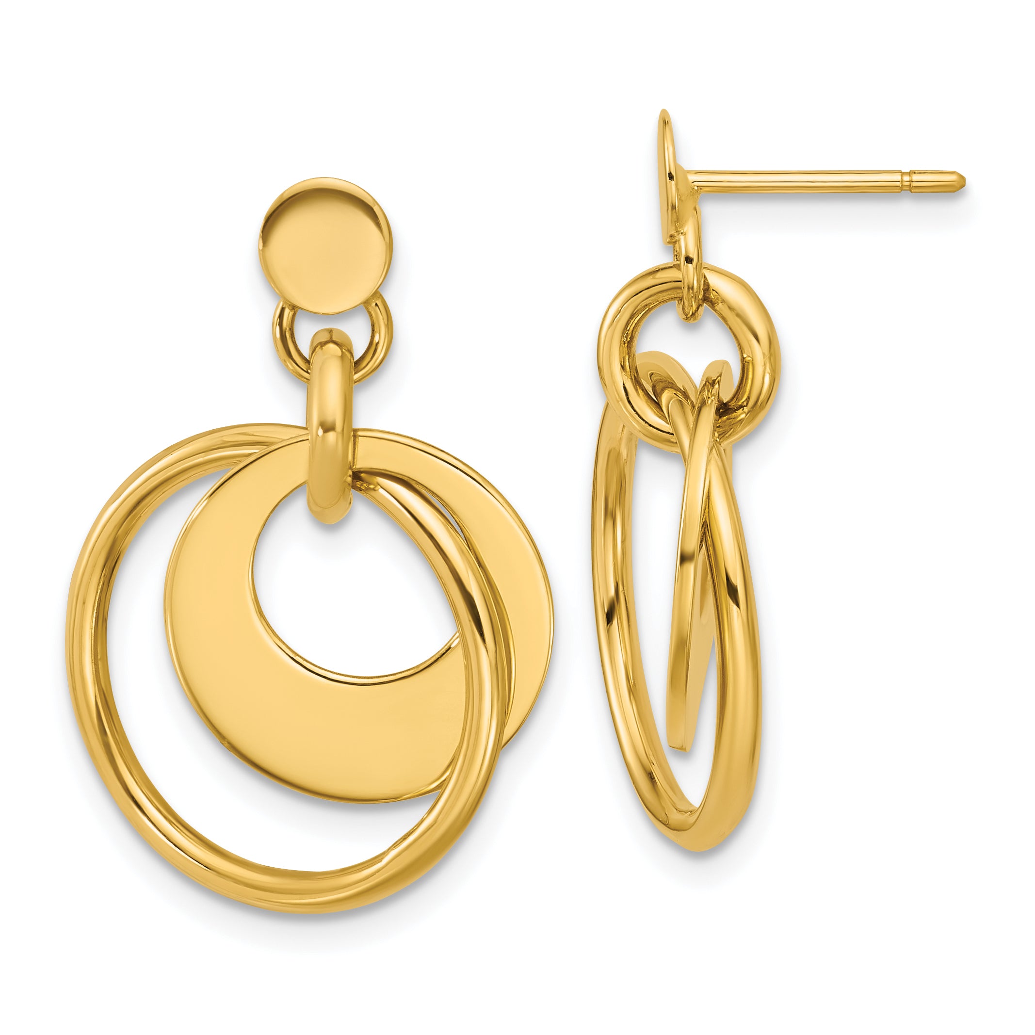 14K Polished Fancy Double Circle Post Dangle Earrings