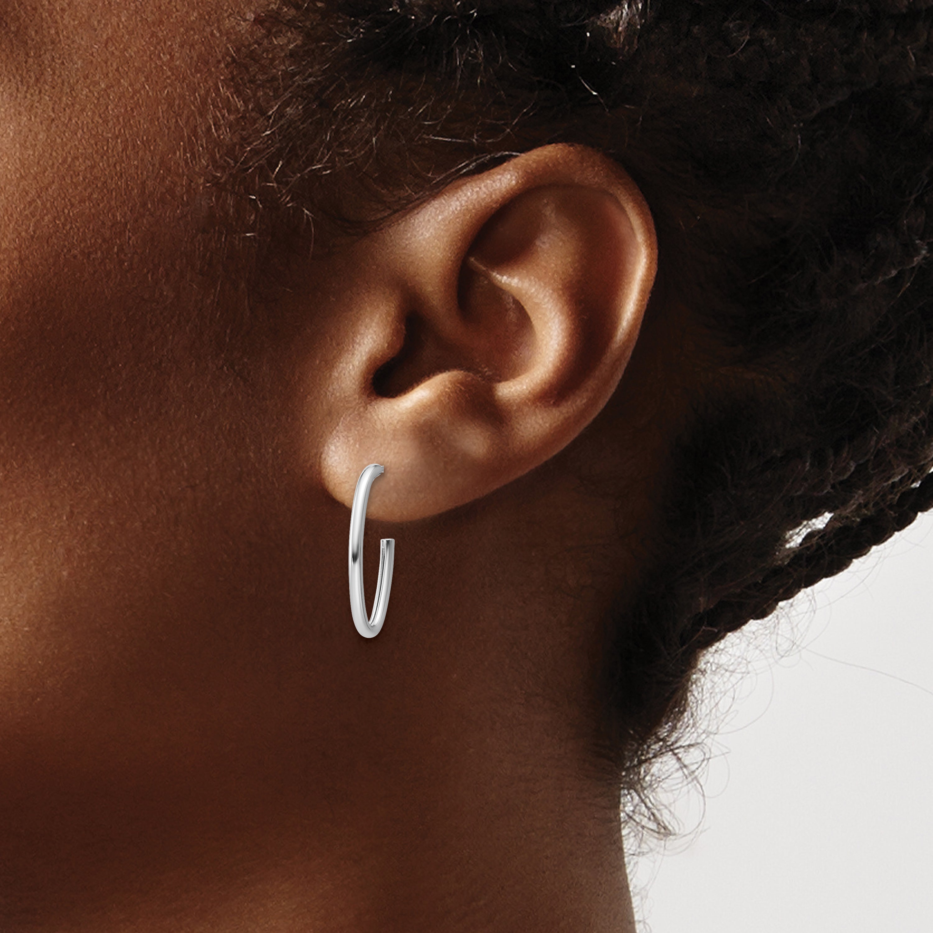 14K White Gold Polished 1.8mm Oval Post J-Hoop Earrings