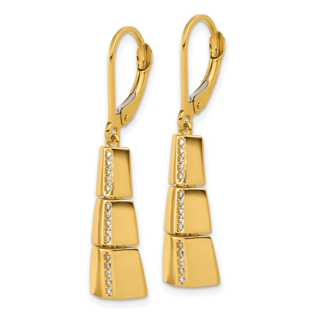 14K Polished CZ Tapered Dangle Leverback Earrings