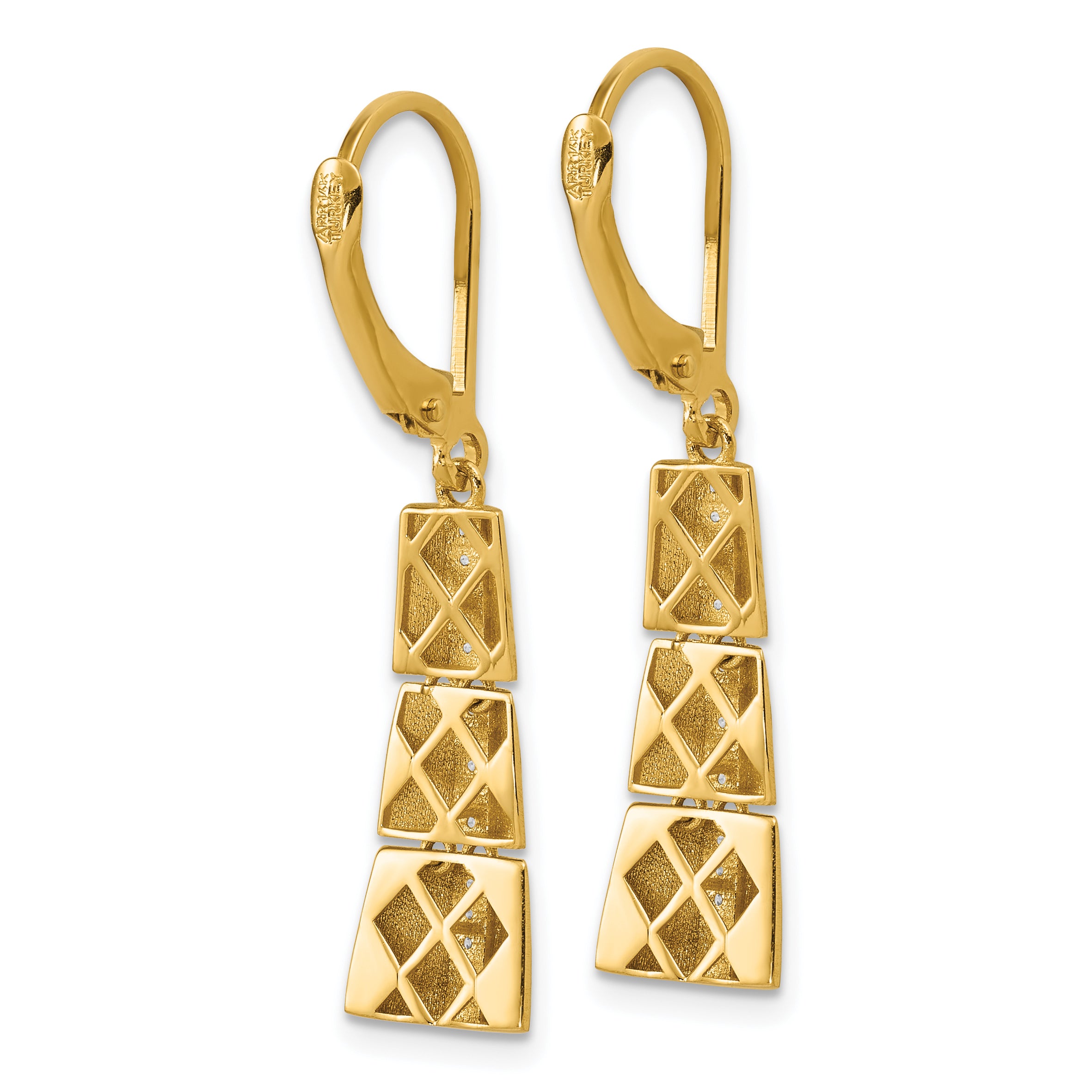 14K Polished CZ Tapered Dangle Leverback Earrings