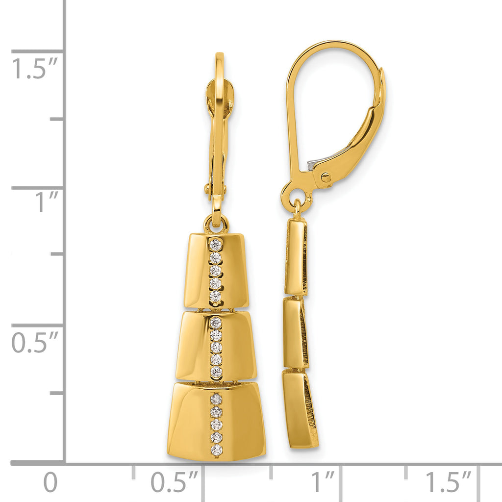 14K Polished CZ Tapered Dangle Leverback Earrings