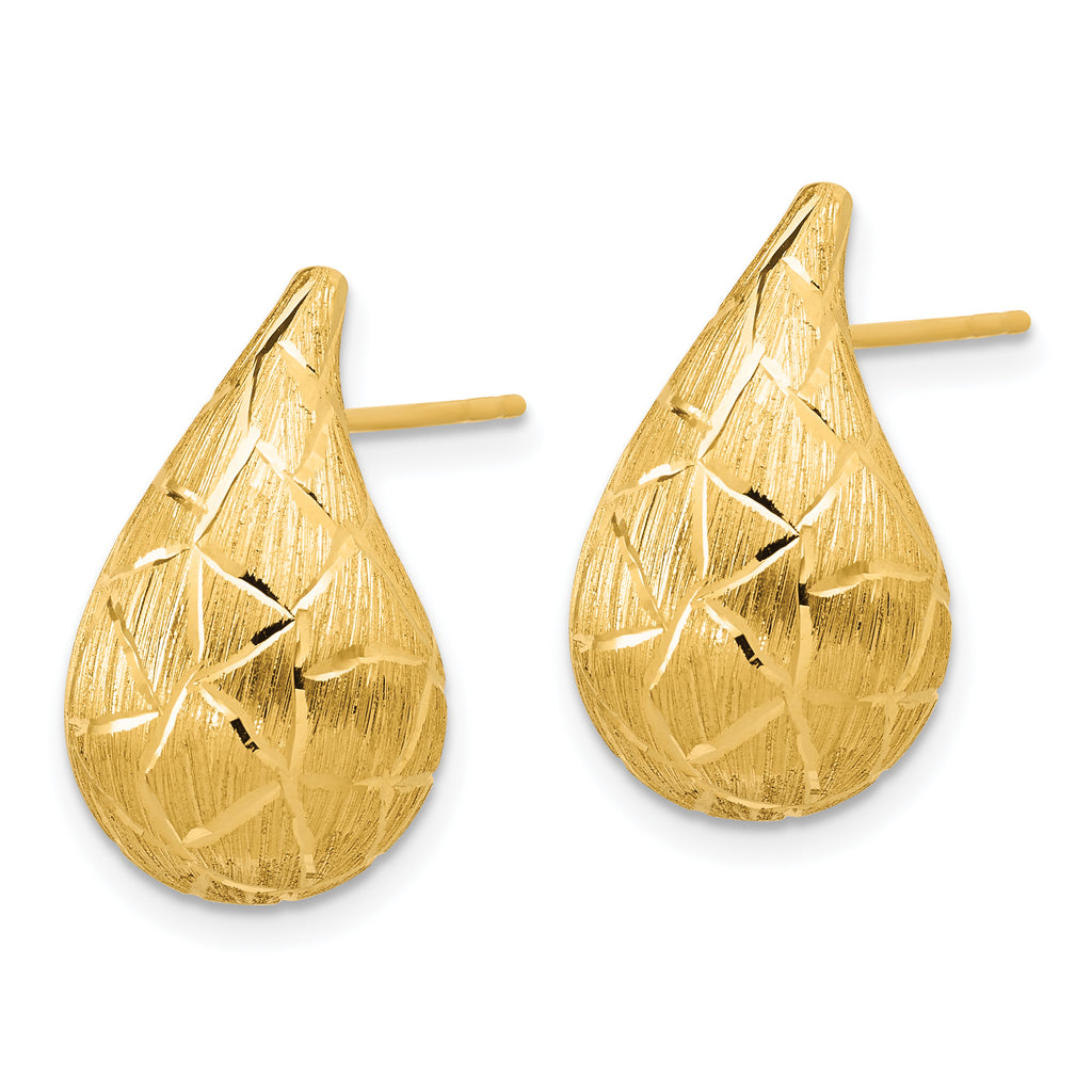 14K Polished/Brushed/Dia-cut Puffed Teardrop Post Earrings