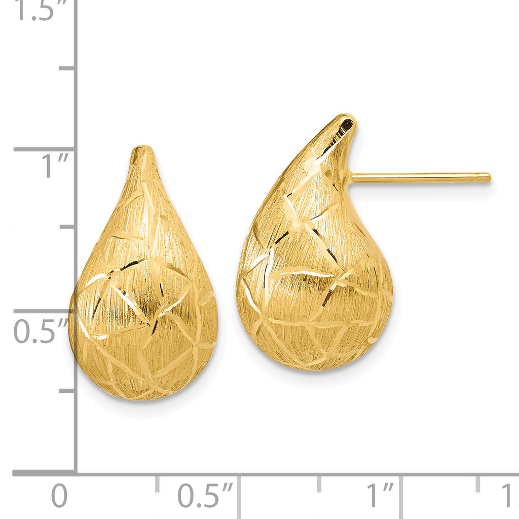 14K Polished/Brushed/Dia-cut Puffed Teardrop Post Earrings