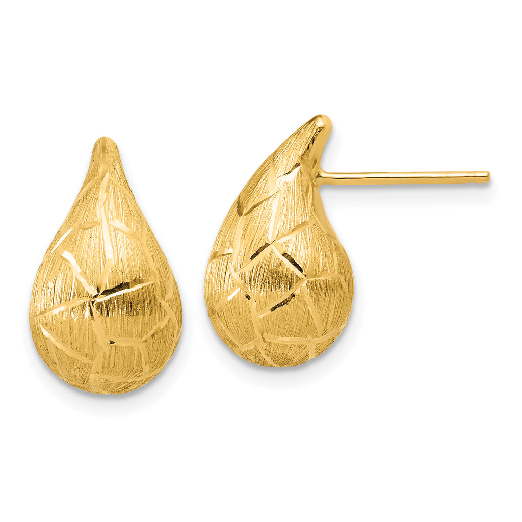 14K Polished/Brushed/Dia-cut Puffed Teardrop Post Earrings
