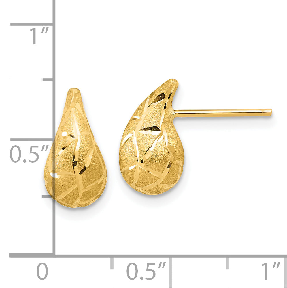 14K Polished/Brushed/Dia-cut Puffed Teardrop Post Earrings