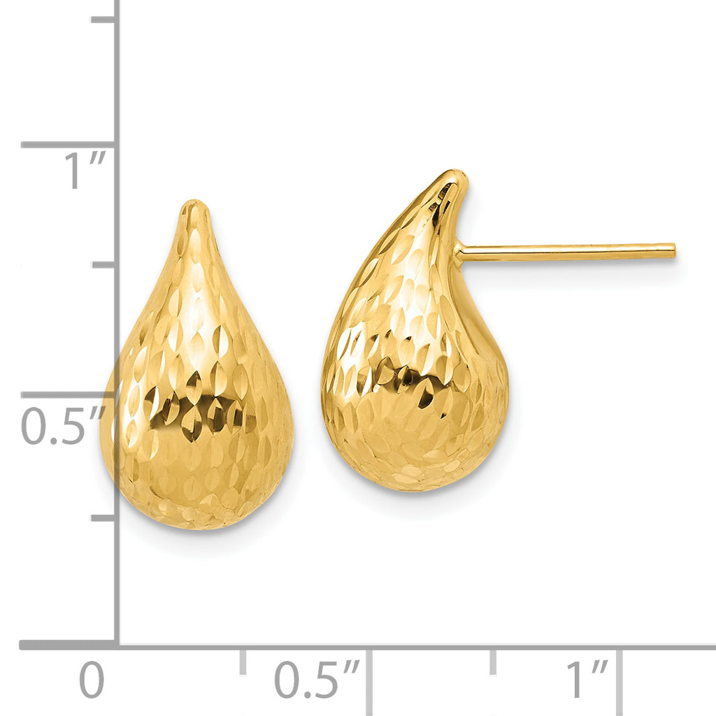 14K Polished and Diamond-cut Puffed Teardrop Post Earrings