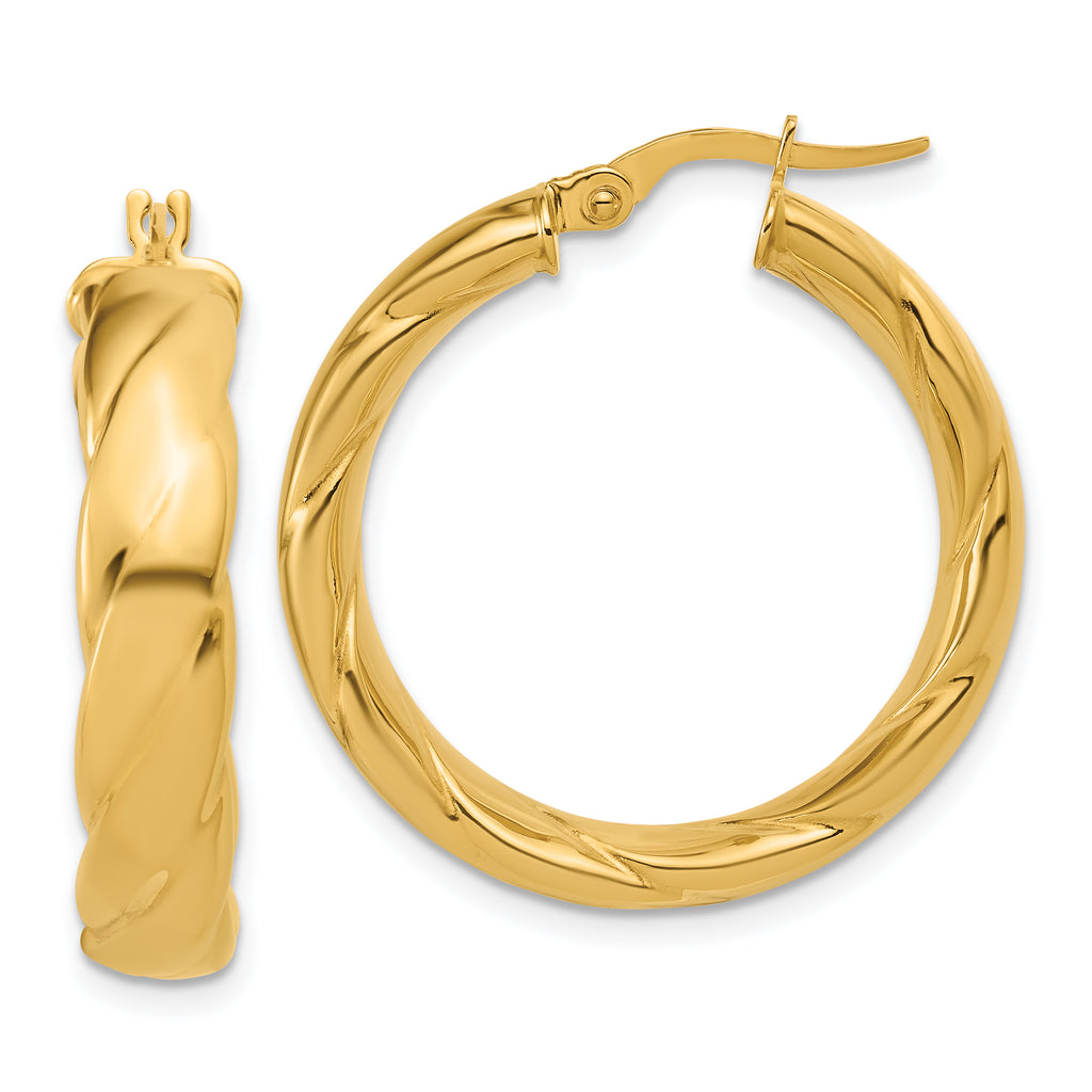 14K Polished and Grooved Hoop Earrings