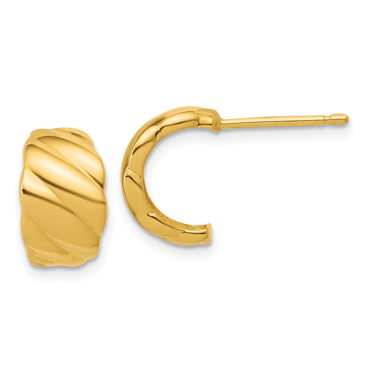 14K Polished and Grooved J-Hoop Post Earrings