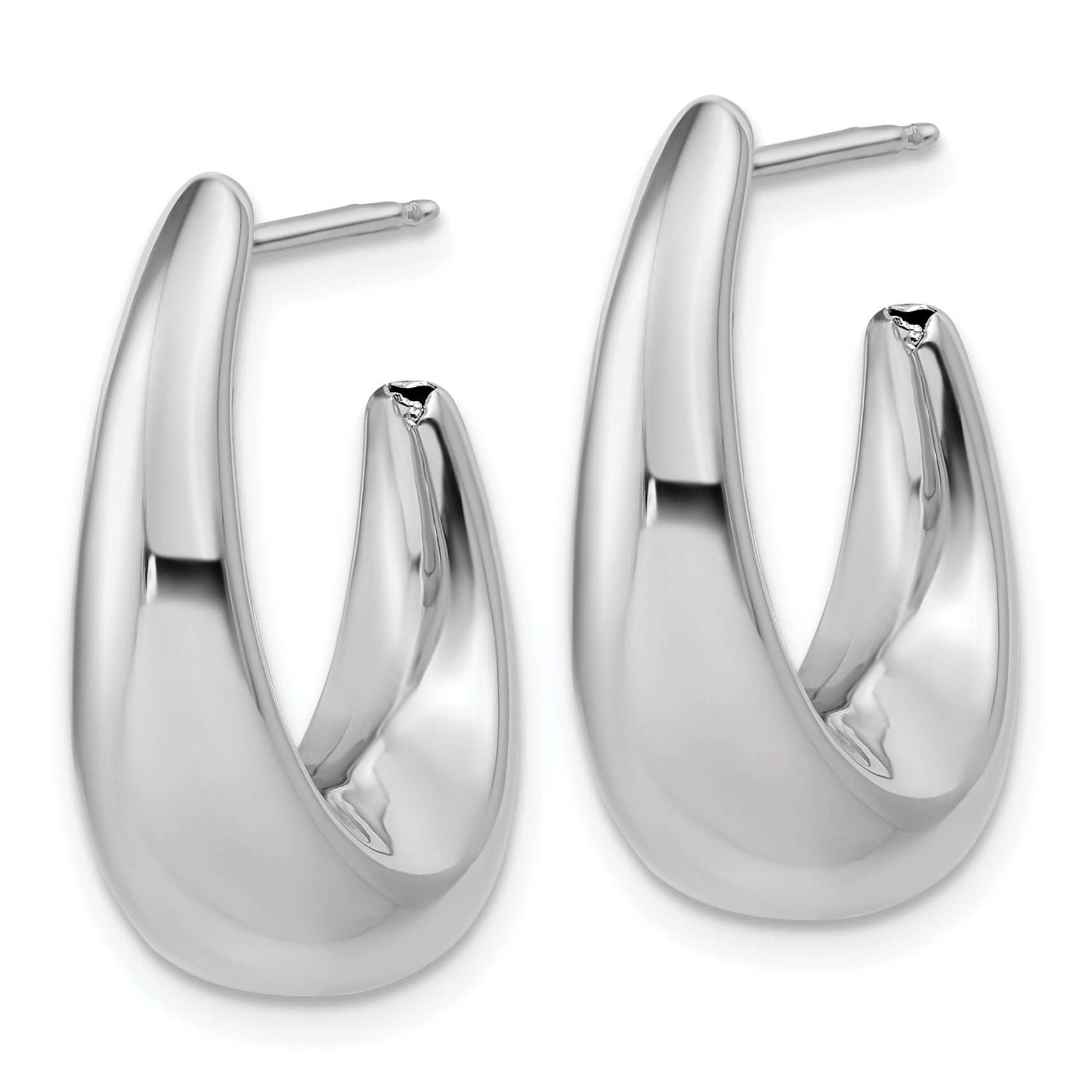 14K w/Wht Rhodium Plating Polished Hollow J-Hoop Post Earrings