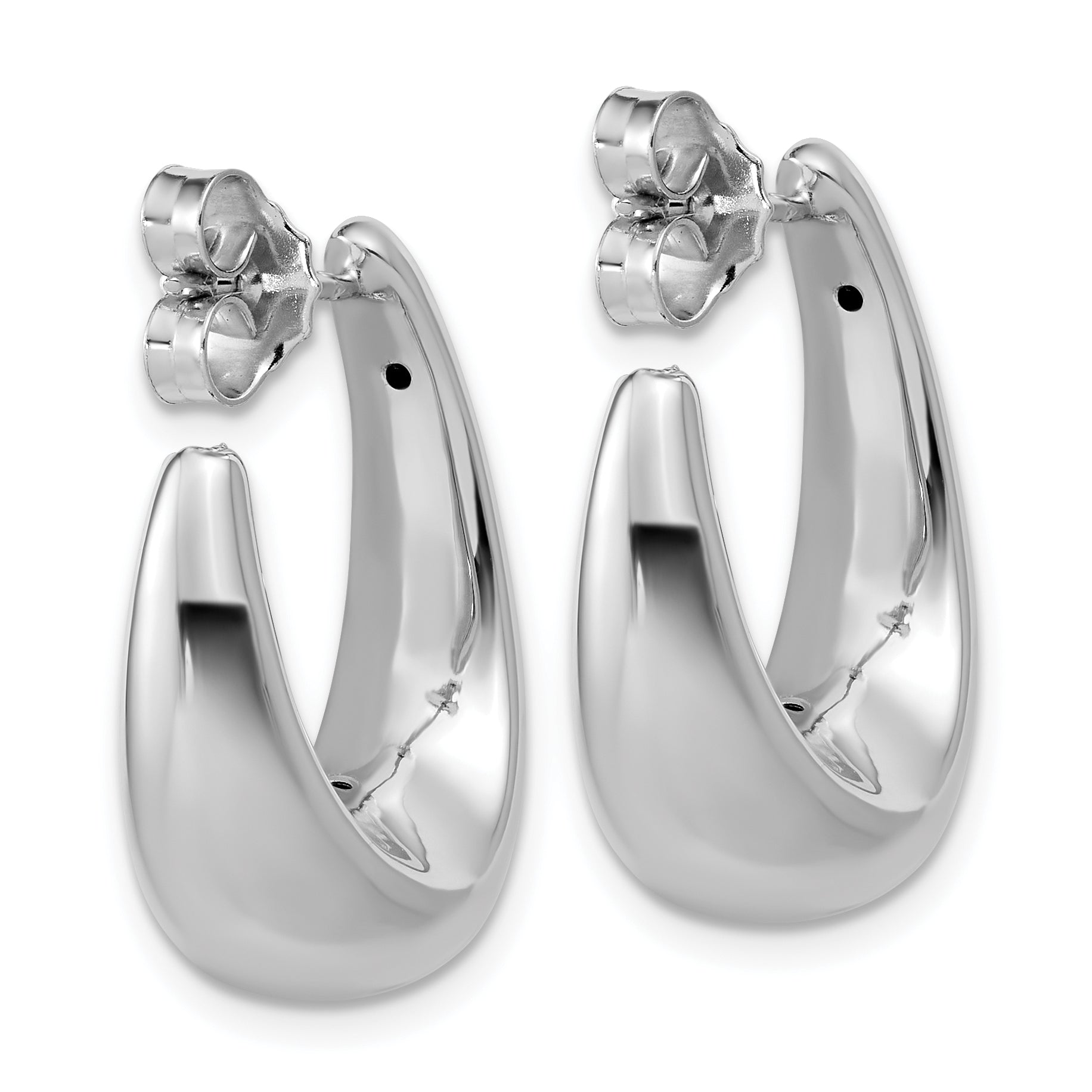 14K w/Wht Rhodium Plating Polished Hollow J-Hoop Post Earrings
