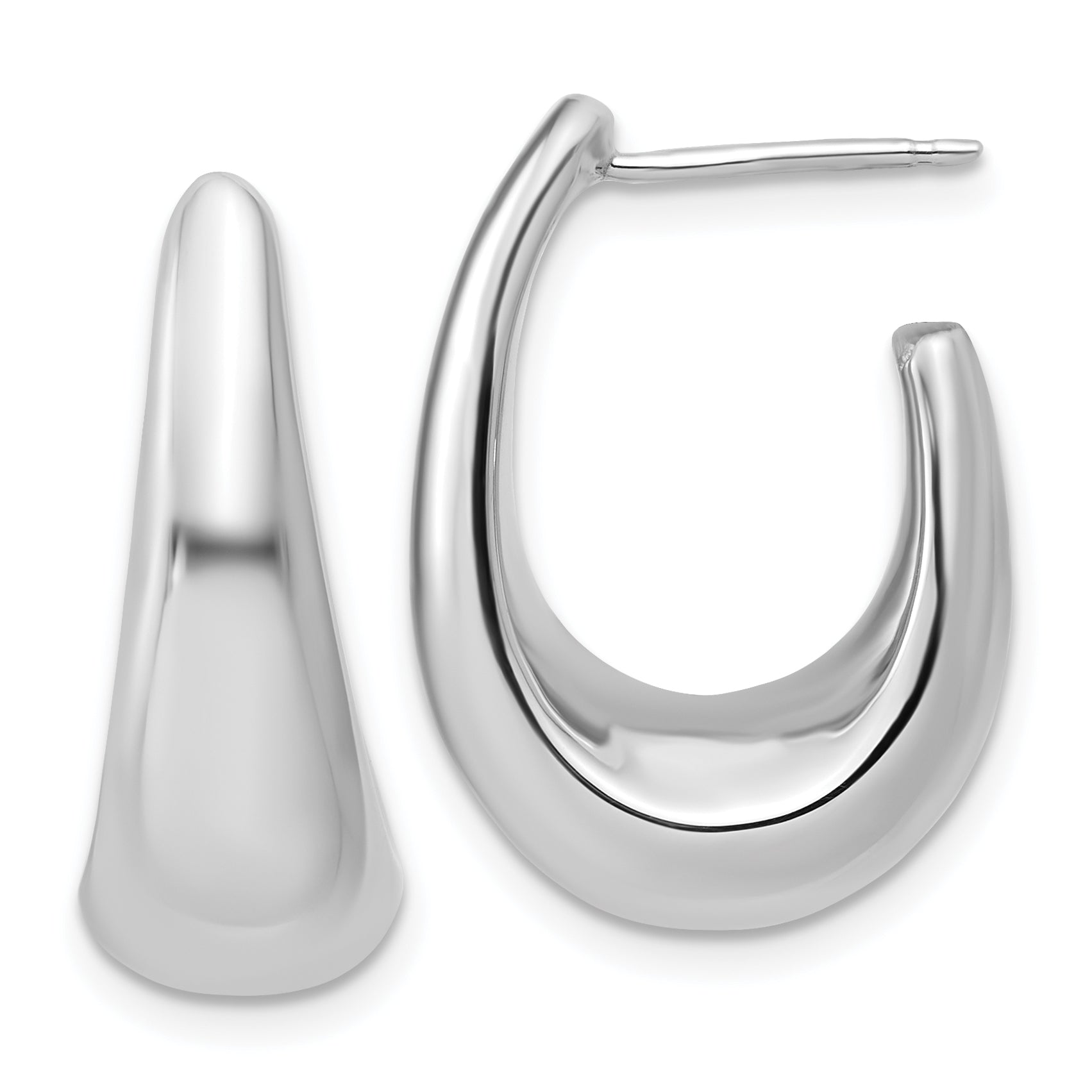 14K w/Wht Rhodium Plating Polished Hollow J-Hoop Post Earrings