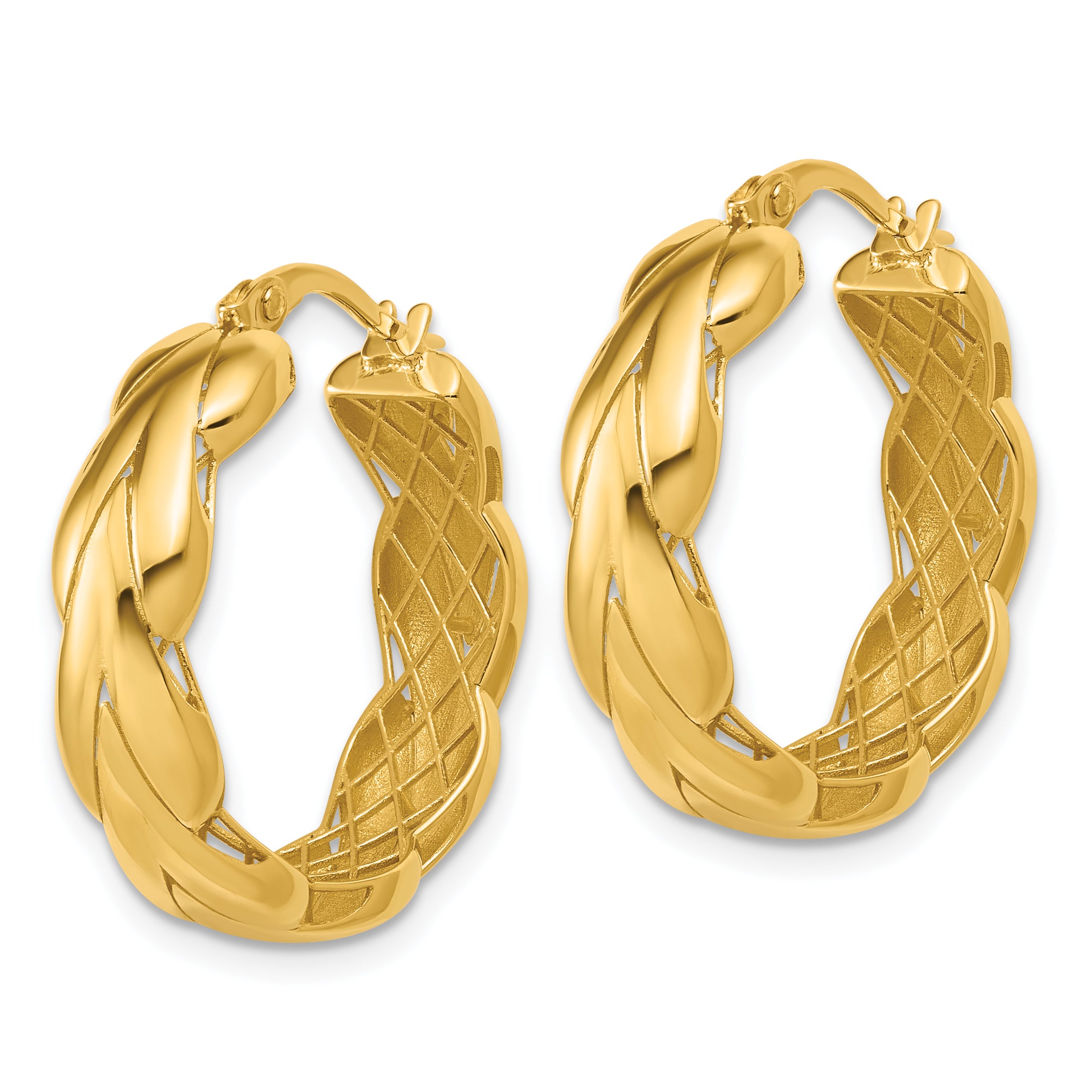 14K Polished and Grooved Fancy Hoop Earrings