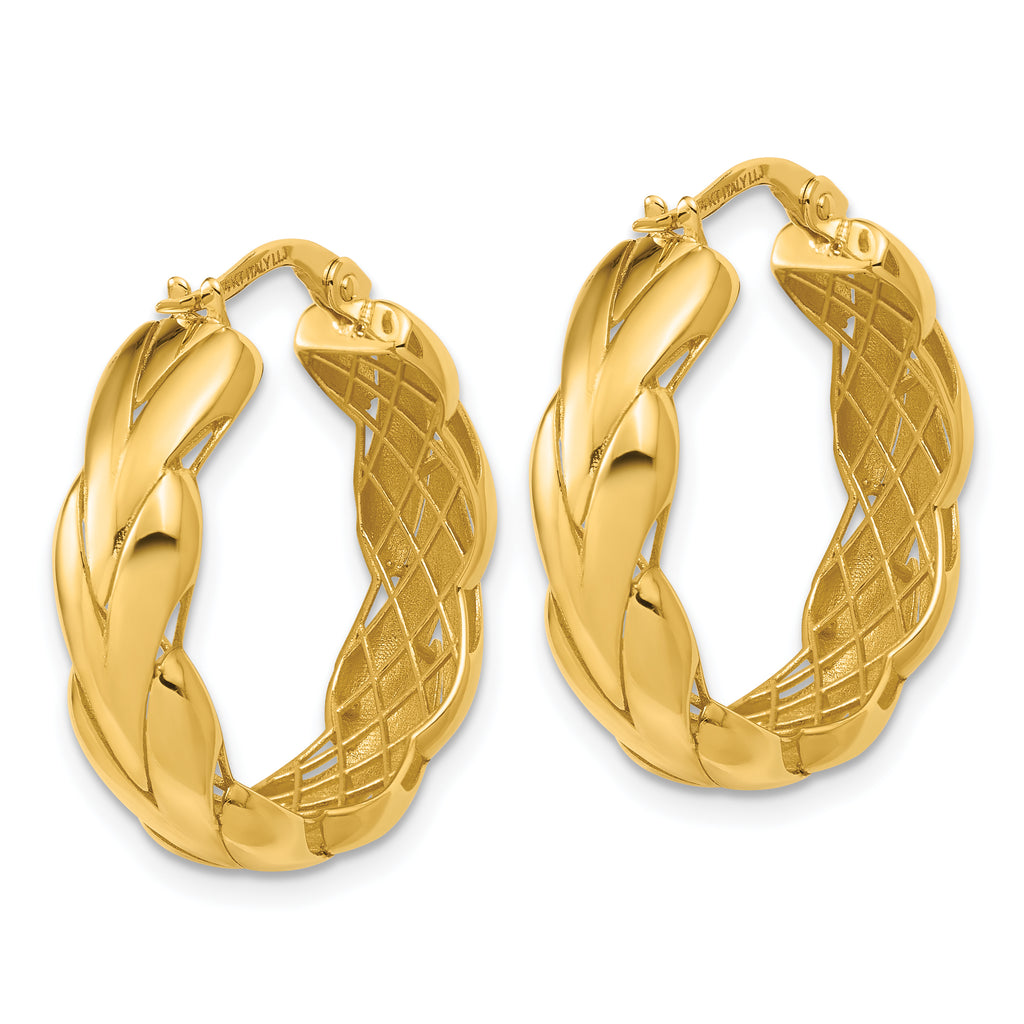 14K Polished and Grooved Fancy Hoop Earrings