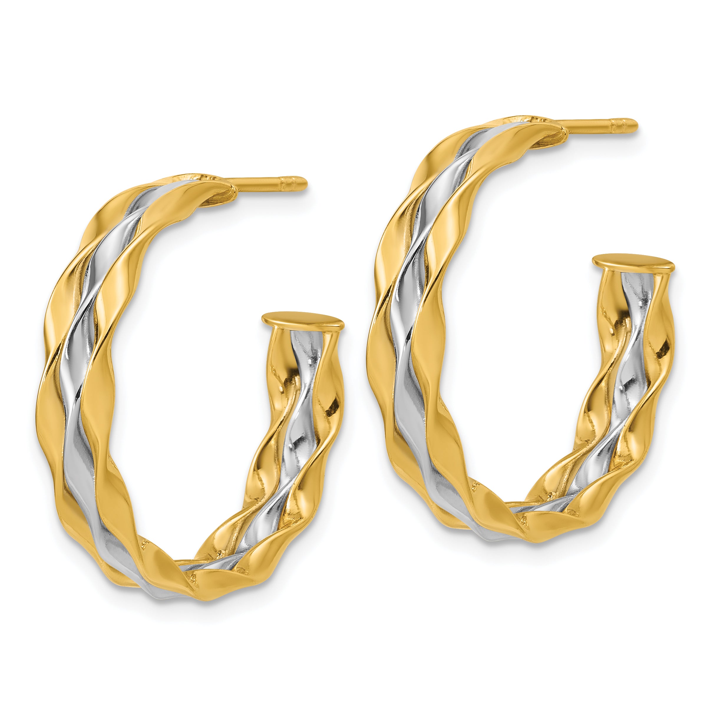 14K w/Rhodium Polished Wave J-Hoop Post Earrings
