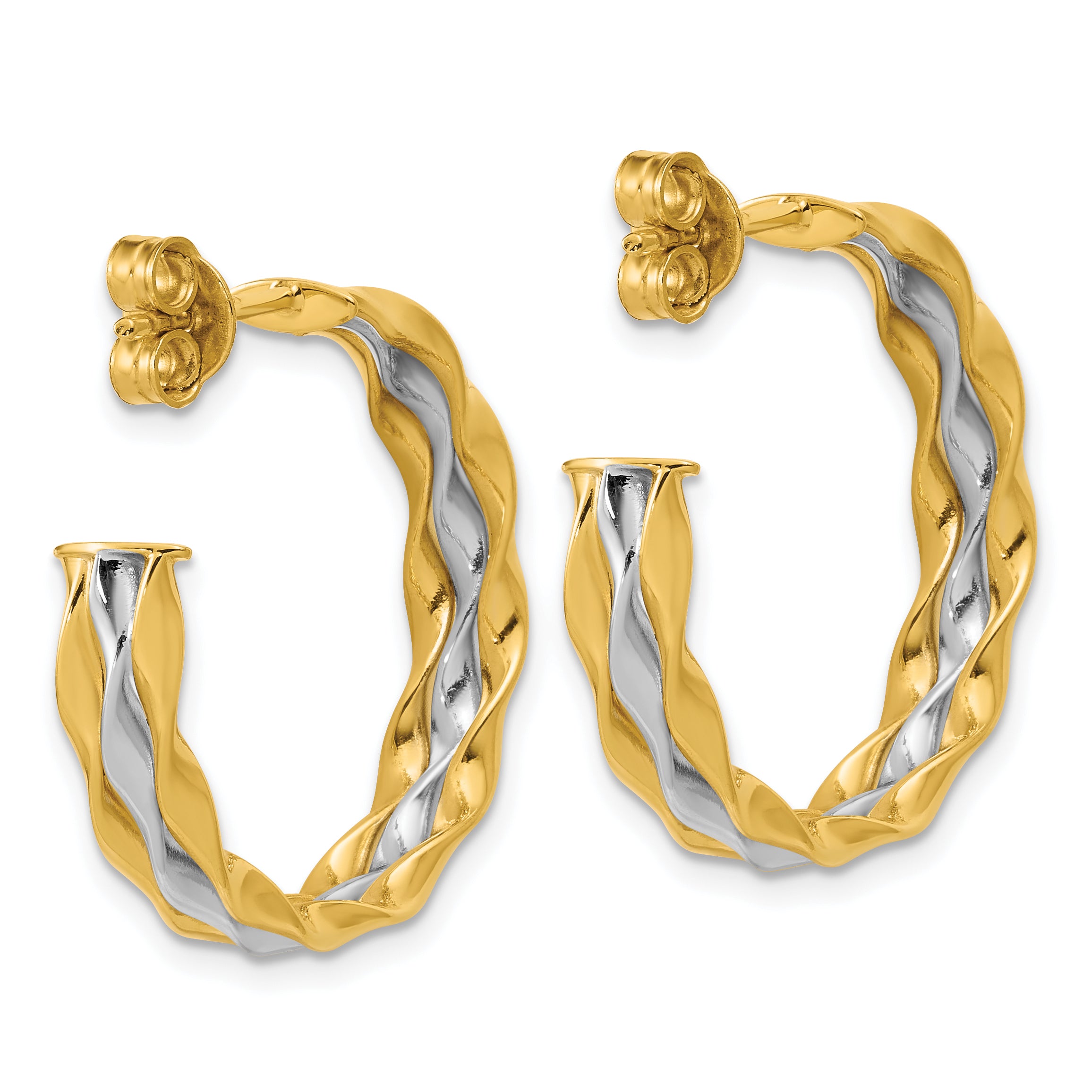 14K w/Rhodium Polished Wave J-Hoop Post Earrings