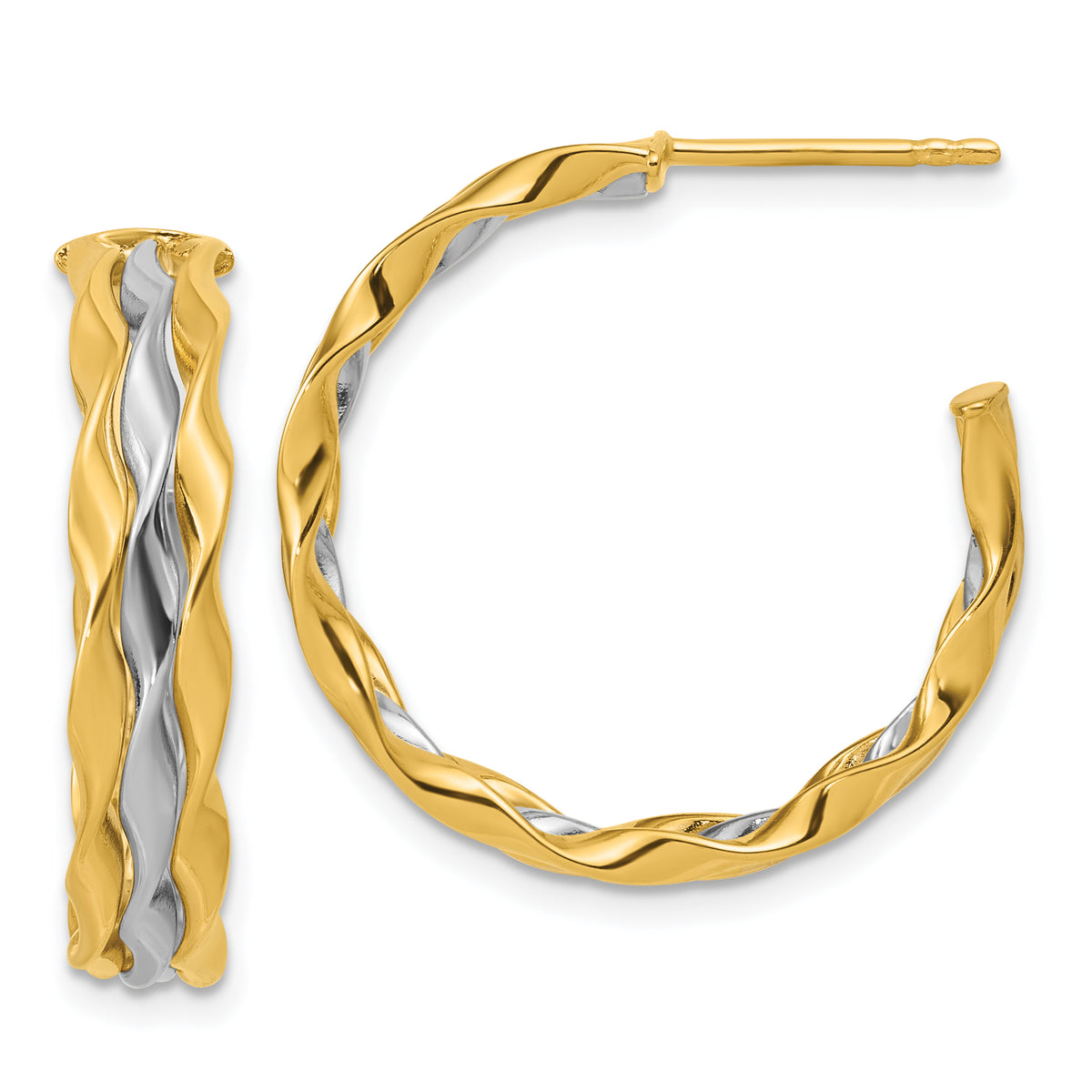 14K w/Rhodium Polished Wave J-Hoop Post Earrings