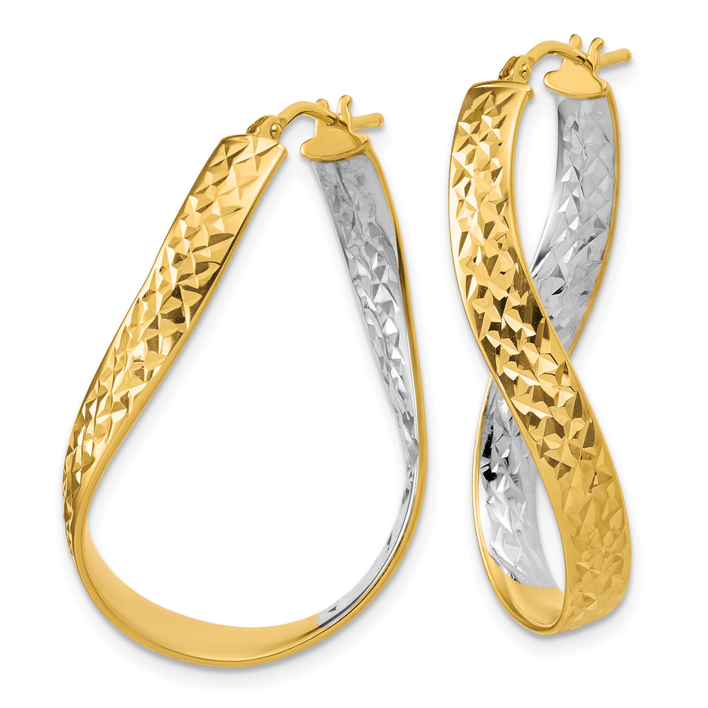 14K w/Rhodium Polished/Diamond-cut Twist In and Out Hoop Earrings