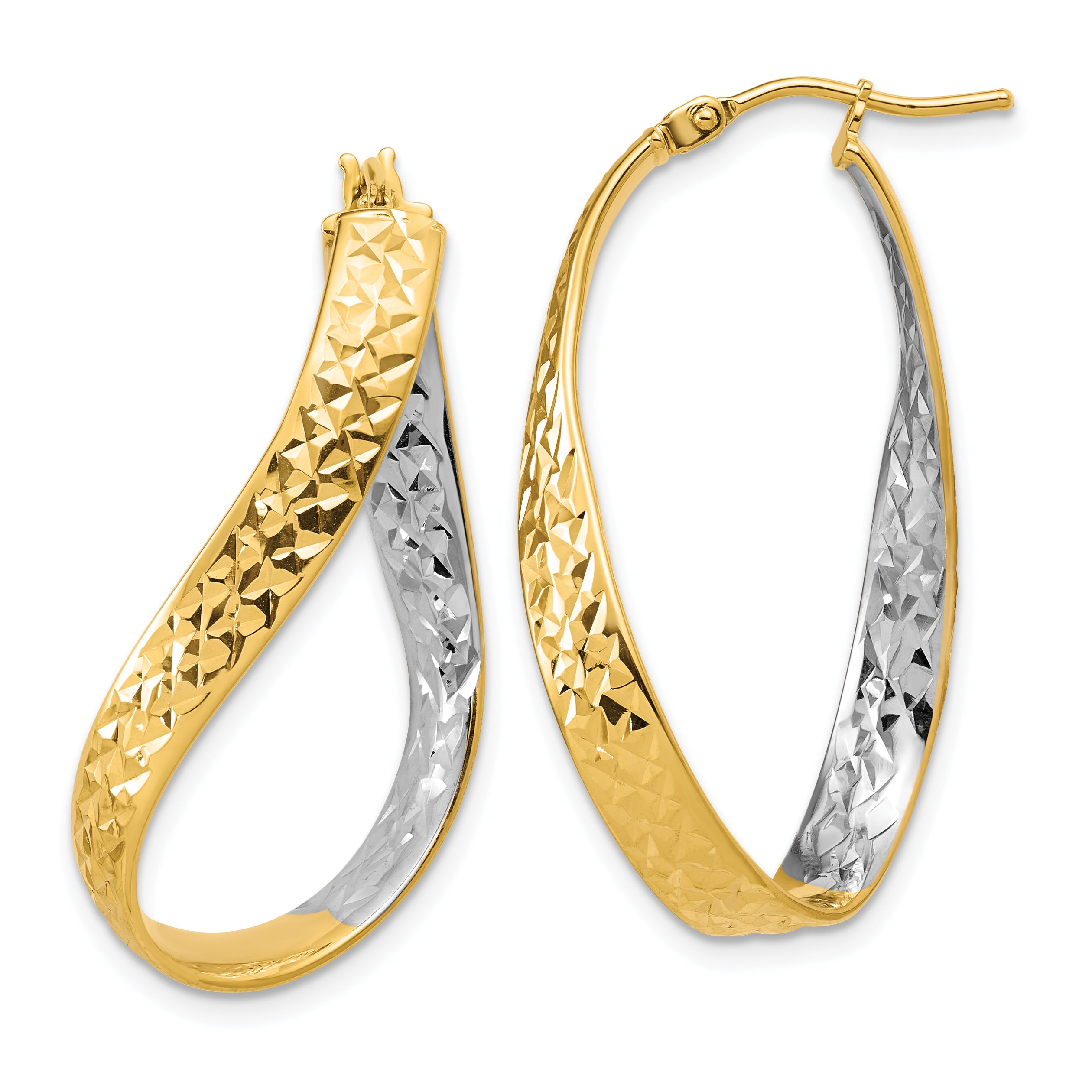 14K w/Rhodium Polished/Diamond-cut Twist In and Out Hoop Earrings