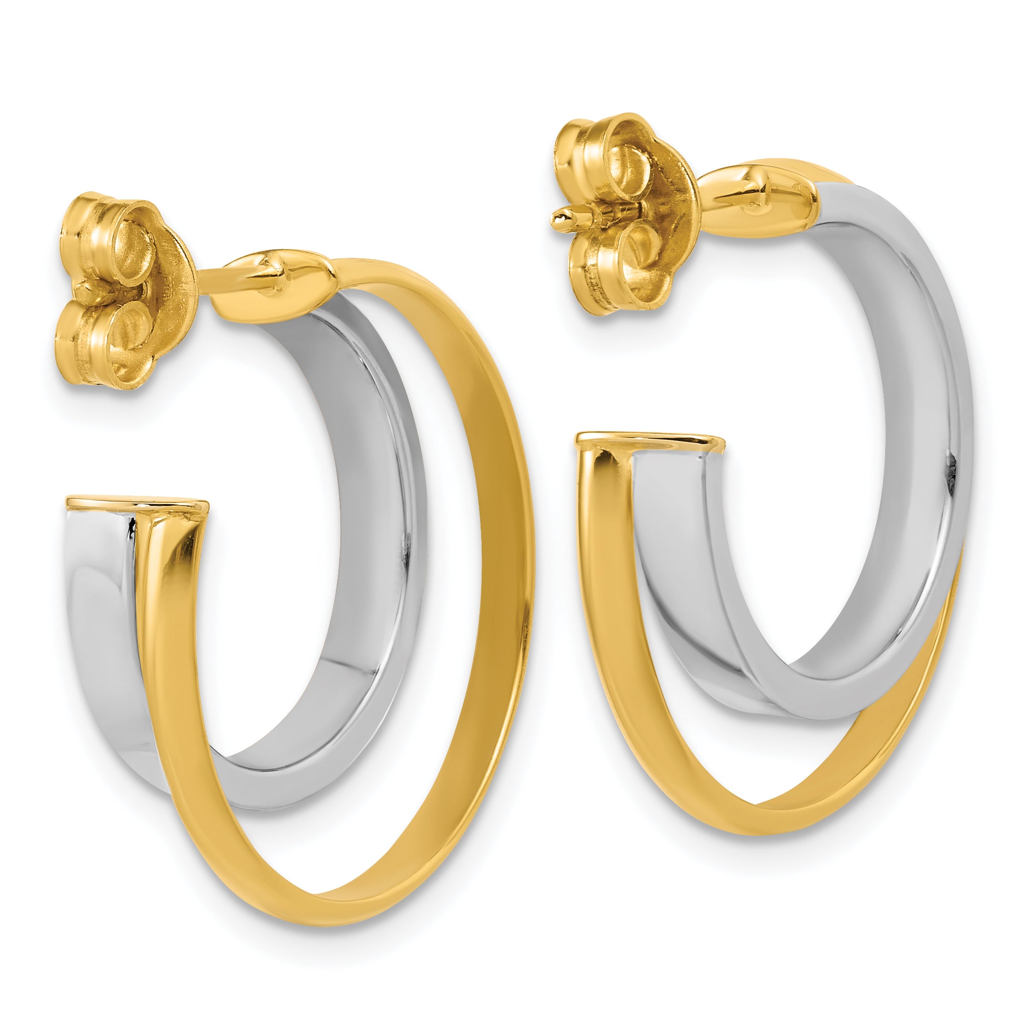 14K w/Rhodium Polished 2-Row J-Hoop Post Earrings