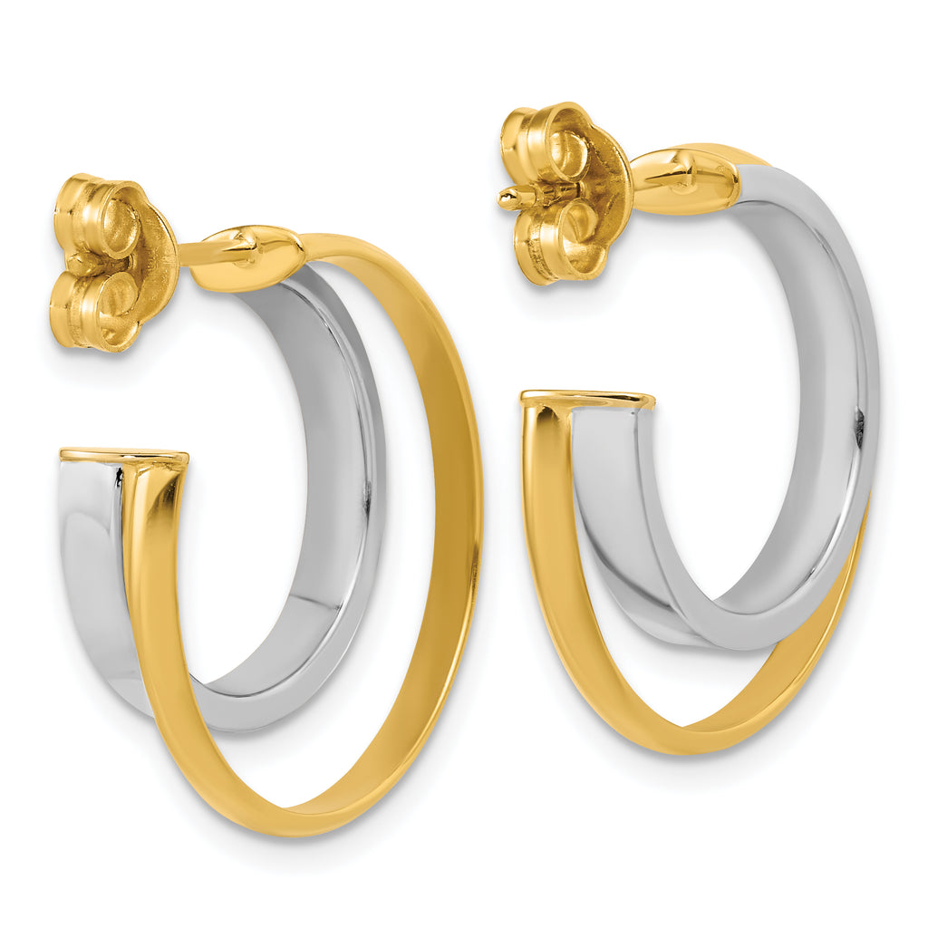 14K w/Rhodium Polished 2-Row J-Hoop Post Earrings