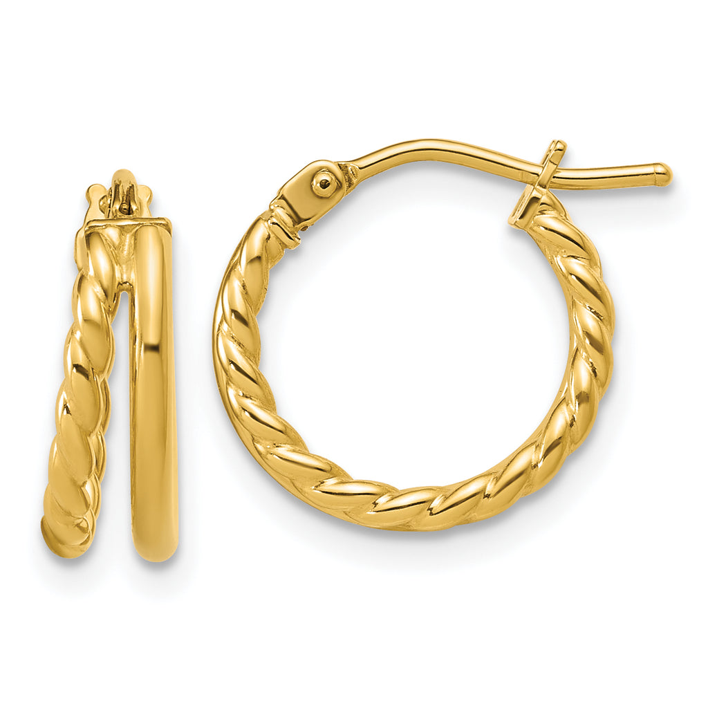 14K Polished and Twisted 2-row J-Hoop Earrings