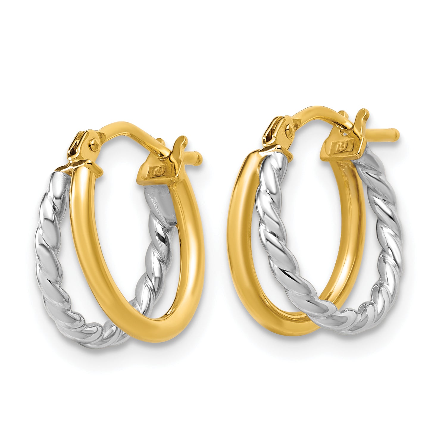 14K w/Rhodium Polished and Twisted 2-row J-Hoop Earrings Secondary image