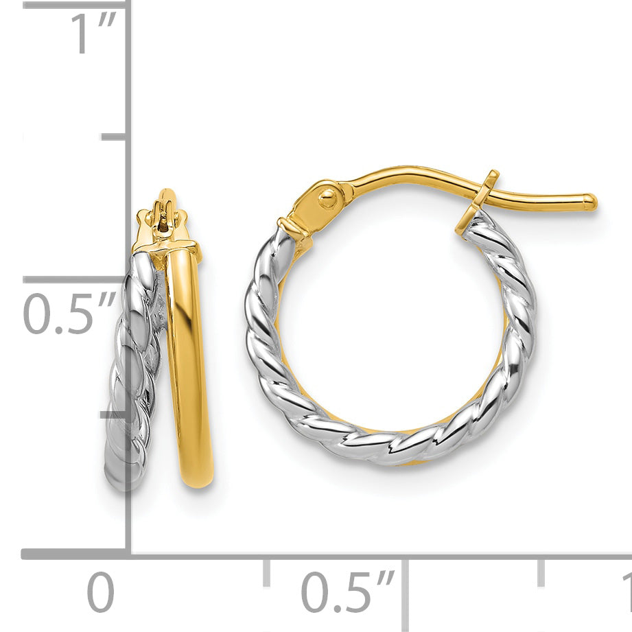 14K w/Rhodium Polished and Twisted 2-row J-Hoop Earrings