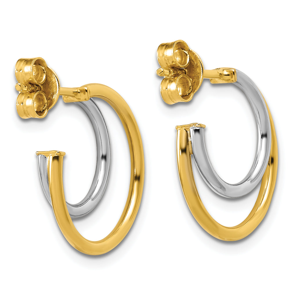 14K w/Rhodium Polished 2-row J-Hoop Post Earrings
