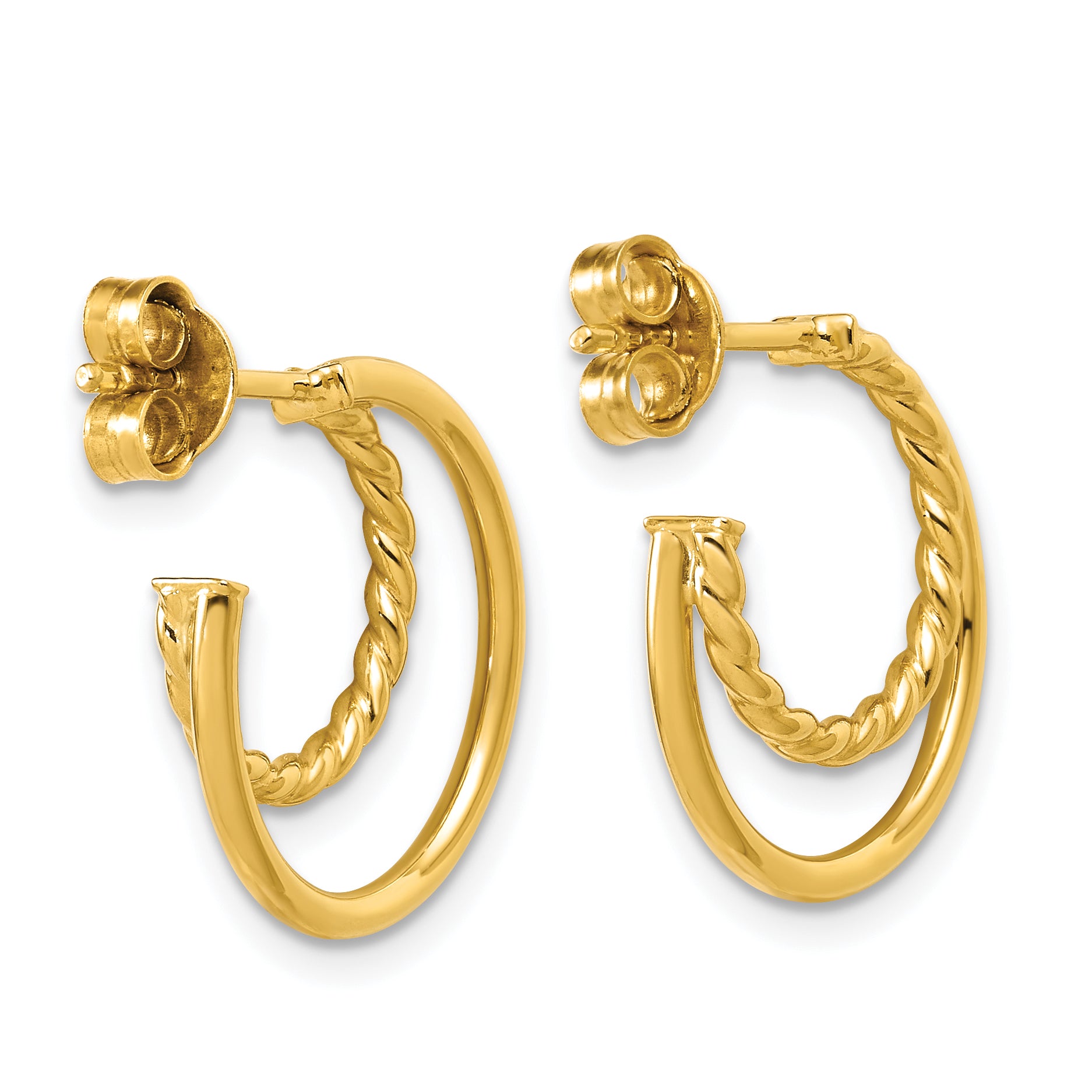 14K Polished and Twisted 2-row J-Hoop Post Earrings