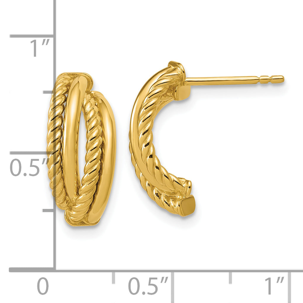 14K Polished and Twisted J-Hoop Post Earrings
