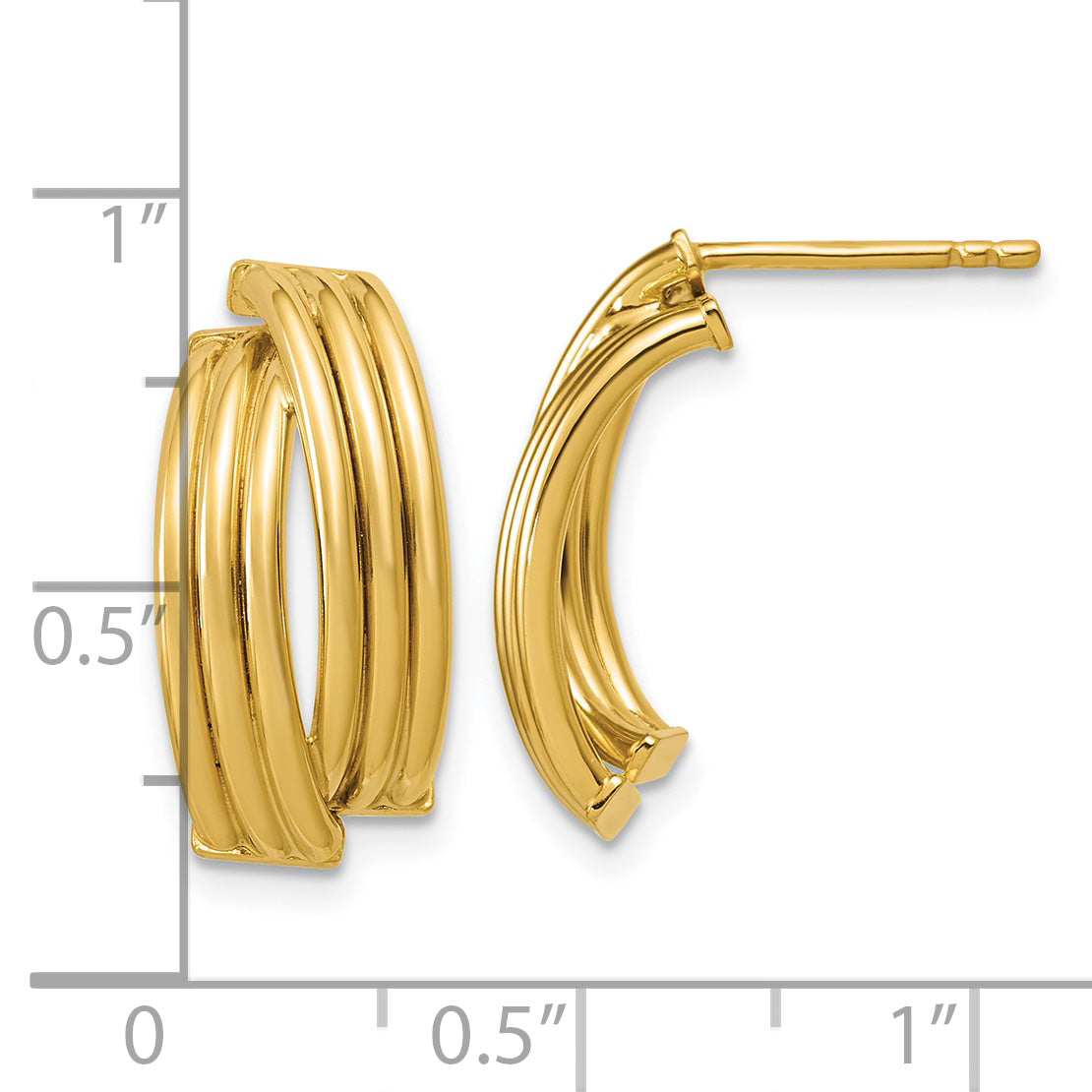 14K Polished and Grooved J-Hoop Post Earrings